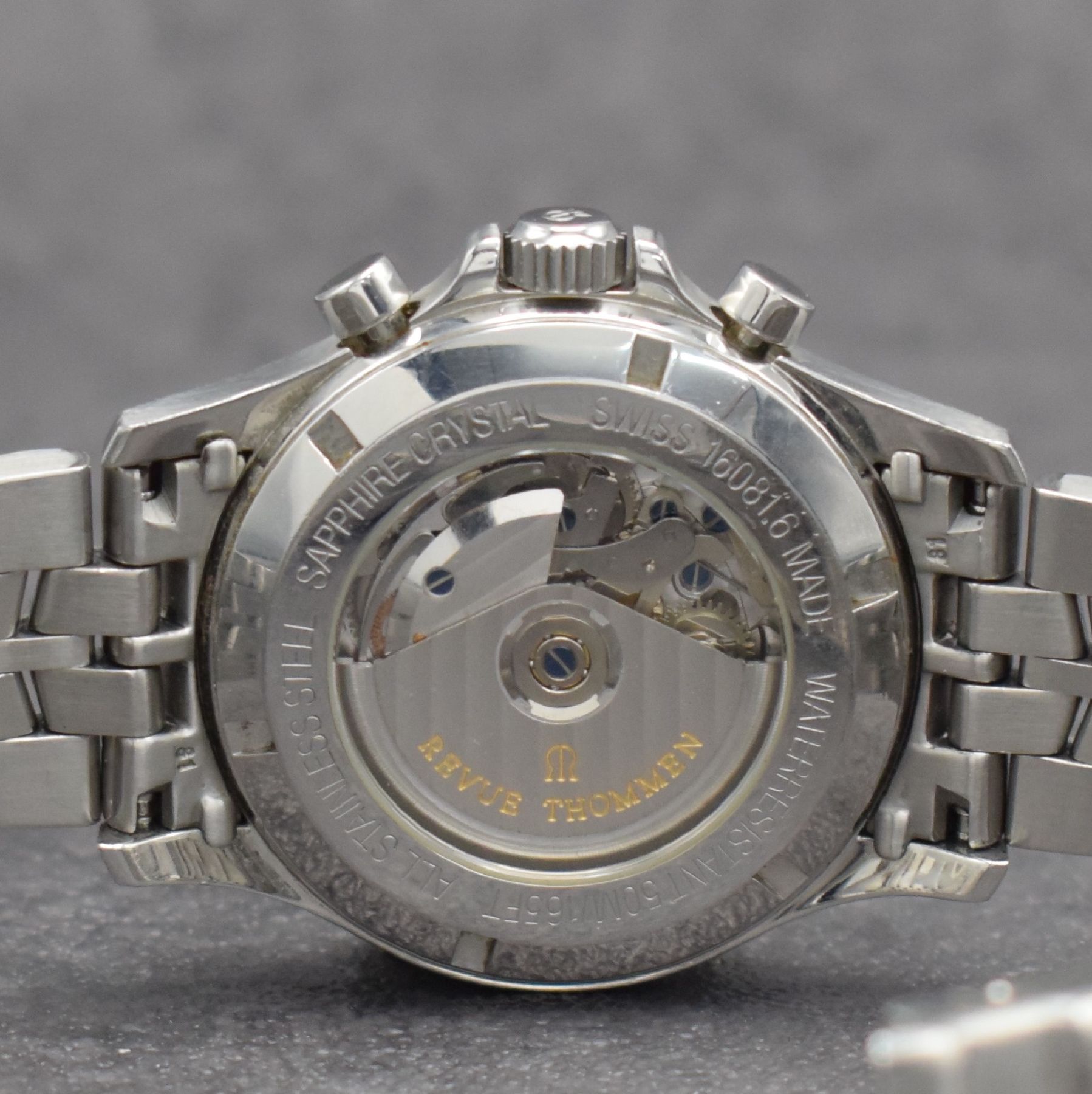 Detail e: REVUE THOMMEN Flyback Chronograph in Stahl, Schweiz verk. 02/2004, Automatik, beids. vergl. & verschr. Gehäuse, neutr. Gliederbd. m. Faltschl., ...