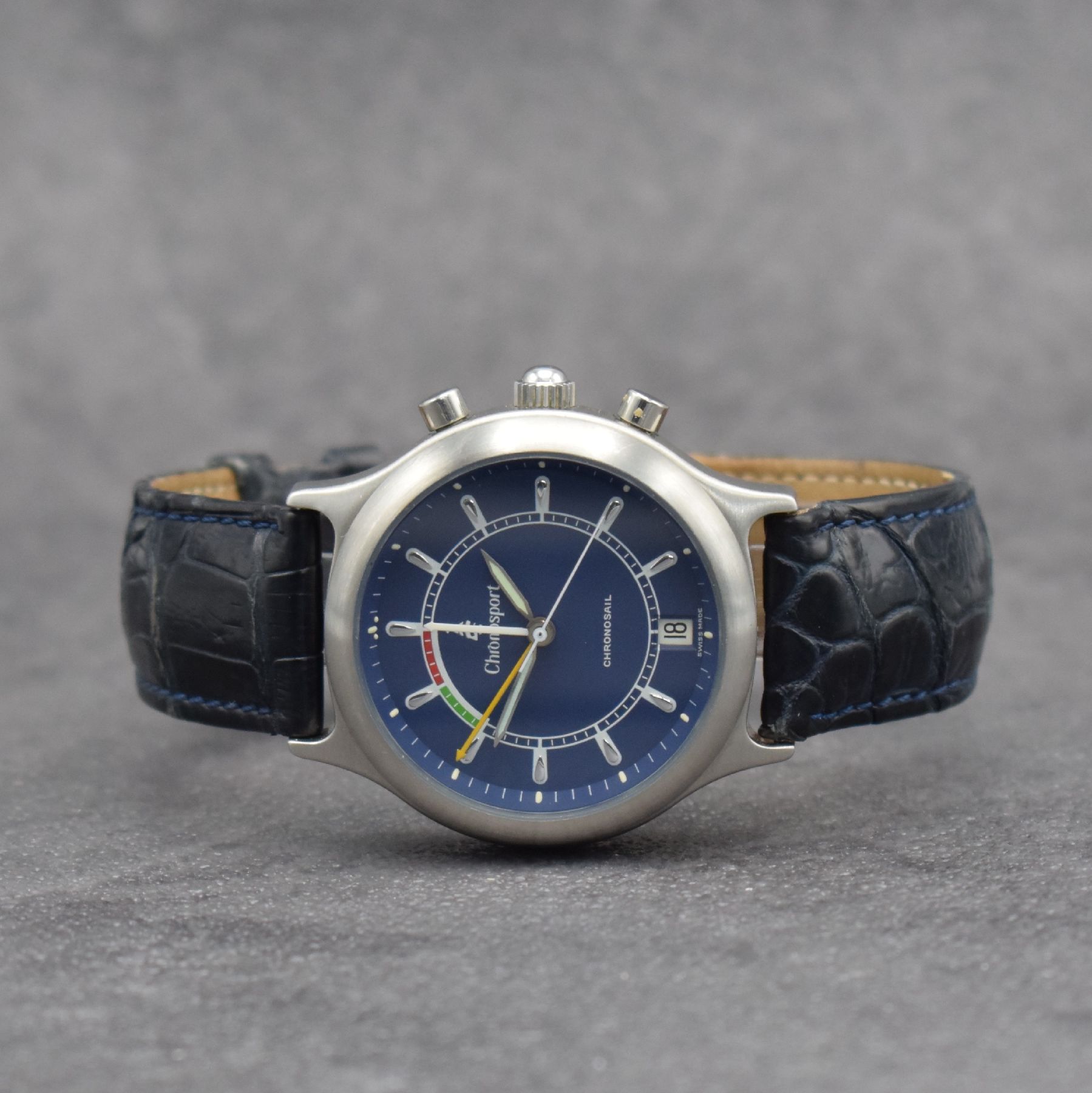 CHRONOSPORT Chronosail Herrenarmbanduhr mit Regatta-Chronograph Kal. Lemania 5270, Schweiz um 1997, Handaufzug, Edelstahlgeh., Boden geschr., blaues ...