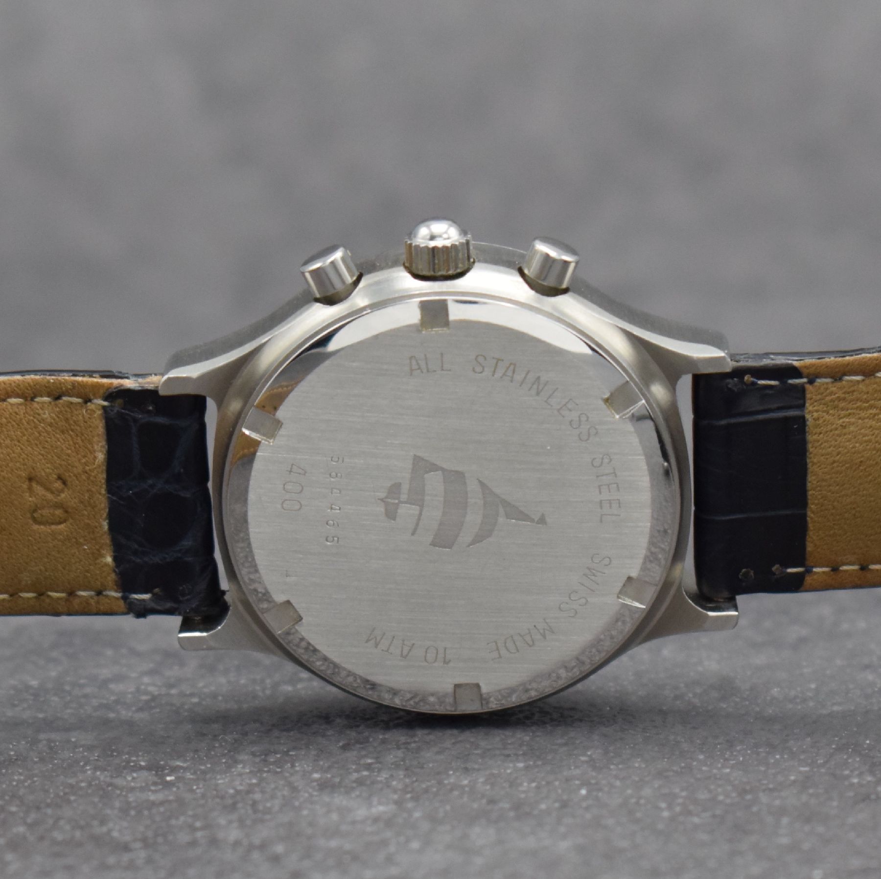 Detail e: CHRONOSPORT Chronosail Herrenarmbanduhr mit Regatta-Chronograph Kal. Lemania 5270, Schweiz um 1997, Handaufzug, Edelstahlgeh., Boden geschr., blaues ...