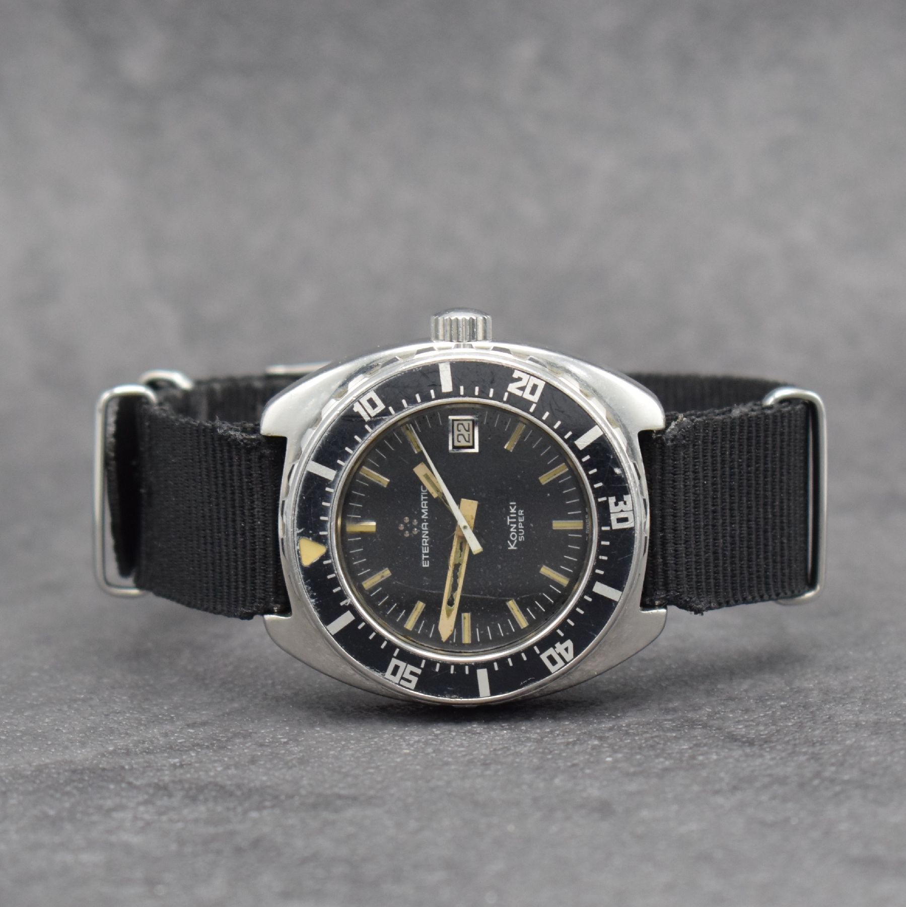 ETERNA-MATIC Kontiki Super Herrenarmbanduhr Ref. 633.1018.41, Schweiz um 1970, Automatik, massives verschr. Geh., Boden m. Widmung in hebräisch, ...