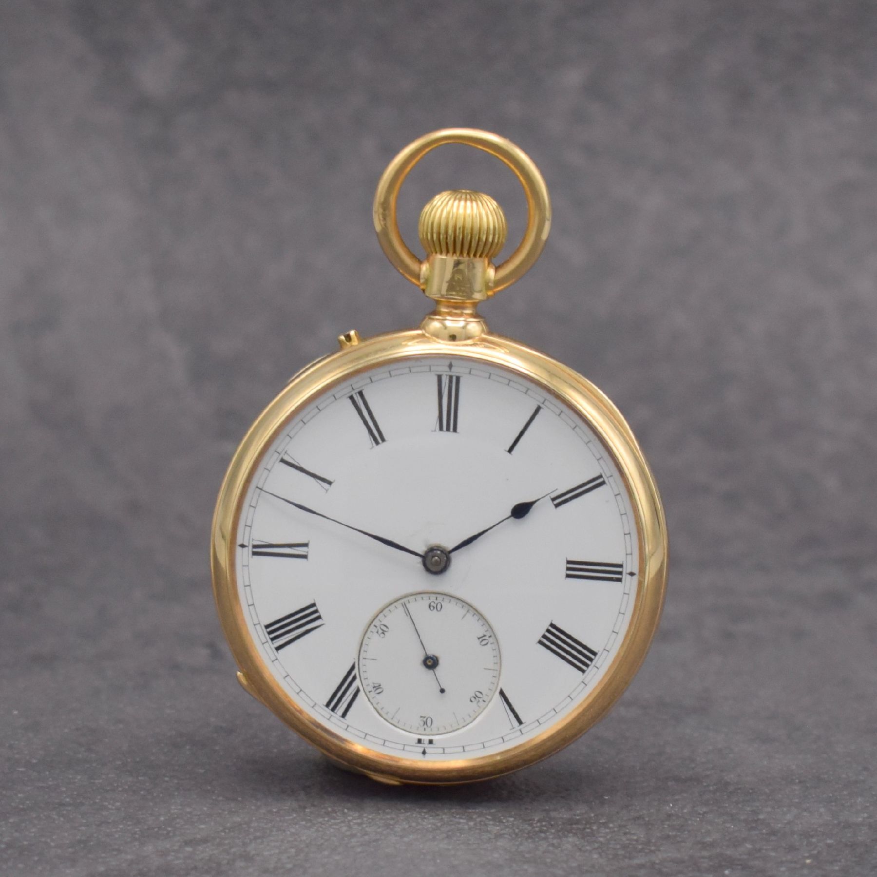 M. GROSSMANN Glashütte seltene offene Taschenuhr in GG 585/000, Deutschland um 1880, glattes Gehäuse m. a-goute Schlüssen, Metallcuvette, ...