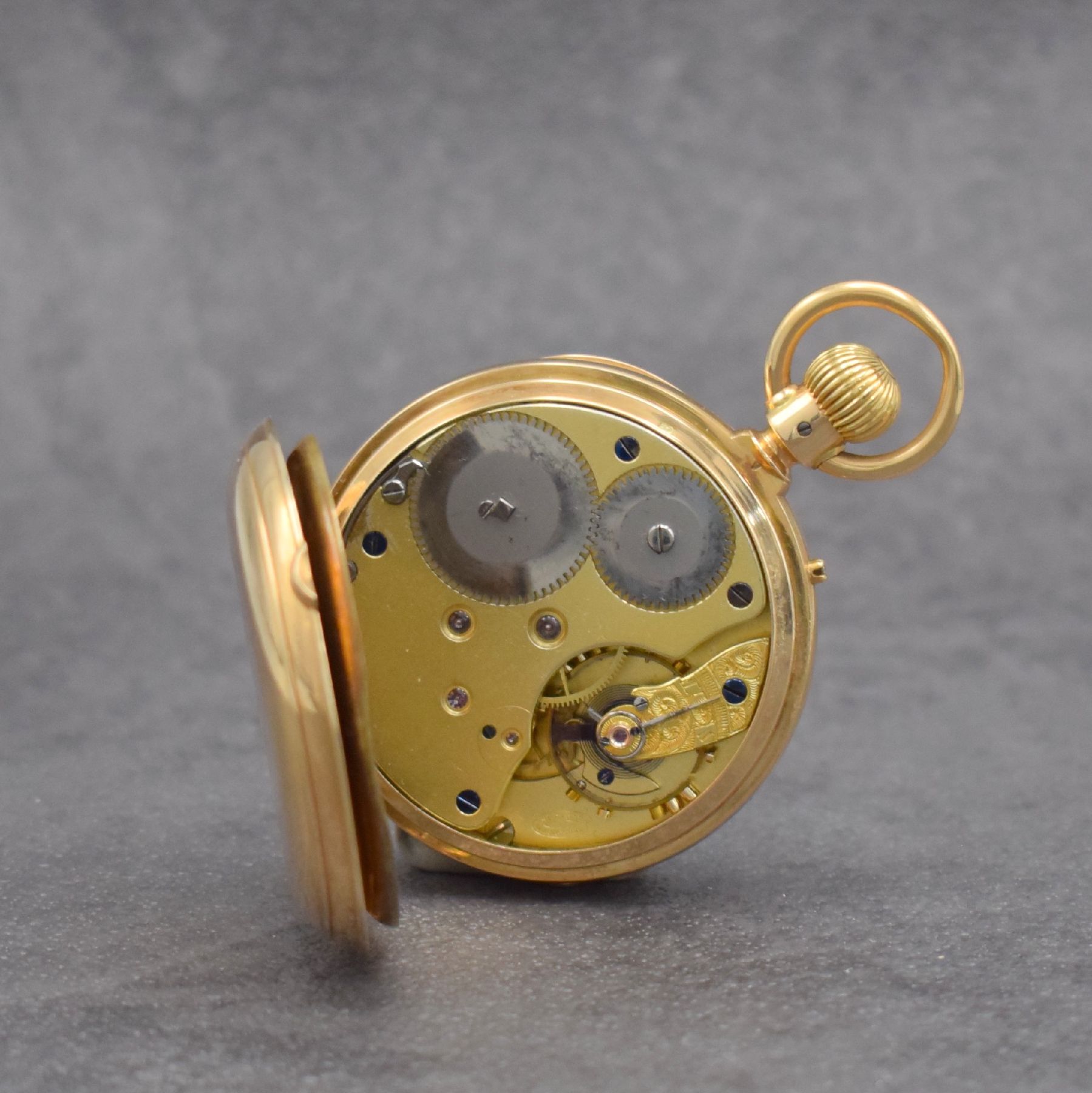 Detail e: M. GROSSMANN Glashütte seltene offene Taschenuhr in GG 585/000, Deutschland um 1880, glattes Gehäuse m. a-goute Schlüssen, Metallcuvette, ...