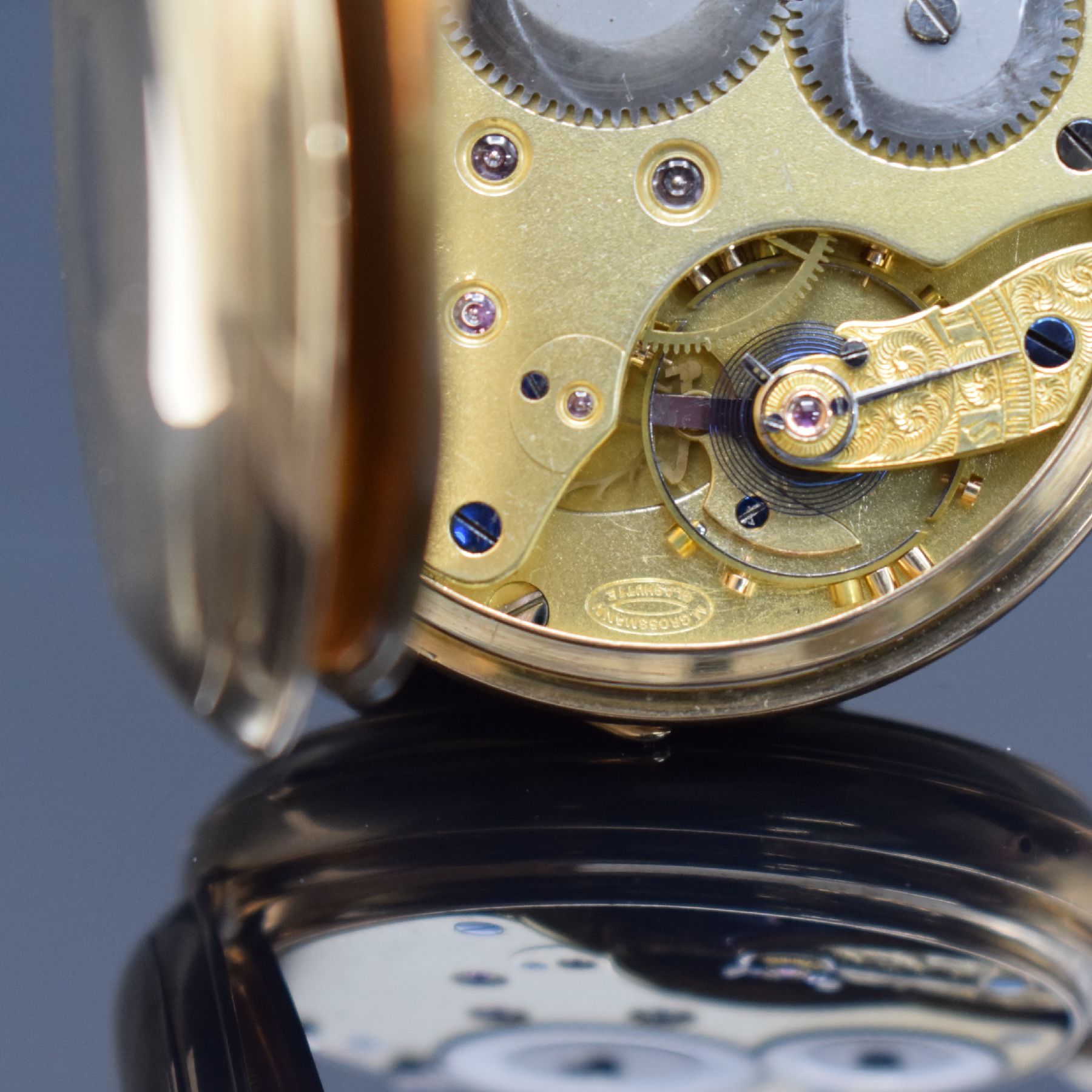 Detail f: M. GROSSMANN Glashütte seltene offene Taschenuhr in GG 585/000, Deutschland um 1880, glattes Gehäuse m. a-goute Schlüssen, Metallcuvette, ...