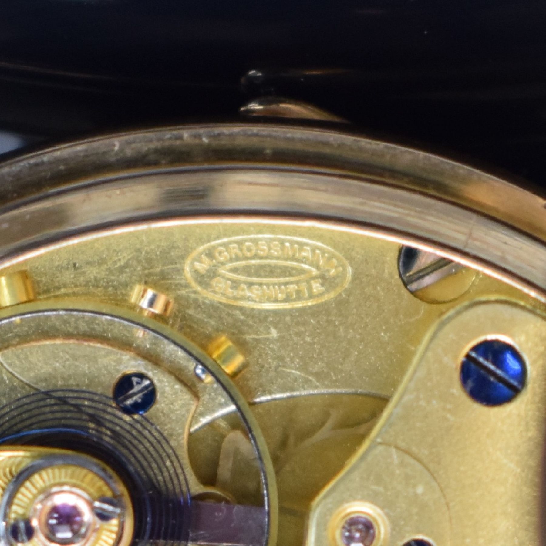 Detail g: M. GROSSMANN Glashütte seltene offene Taschenuhr in GG 585/000, Deutschland um 1880, glattes Gehäuse m. a-goute Schlüssen, Metallcuvette, ...