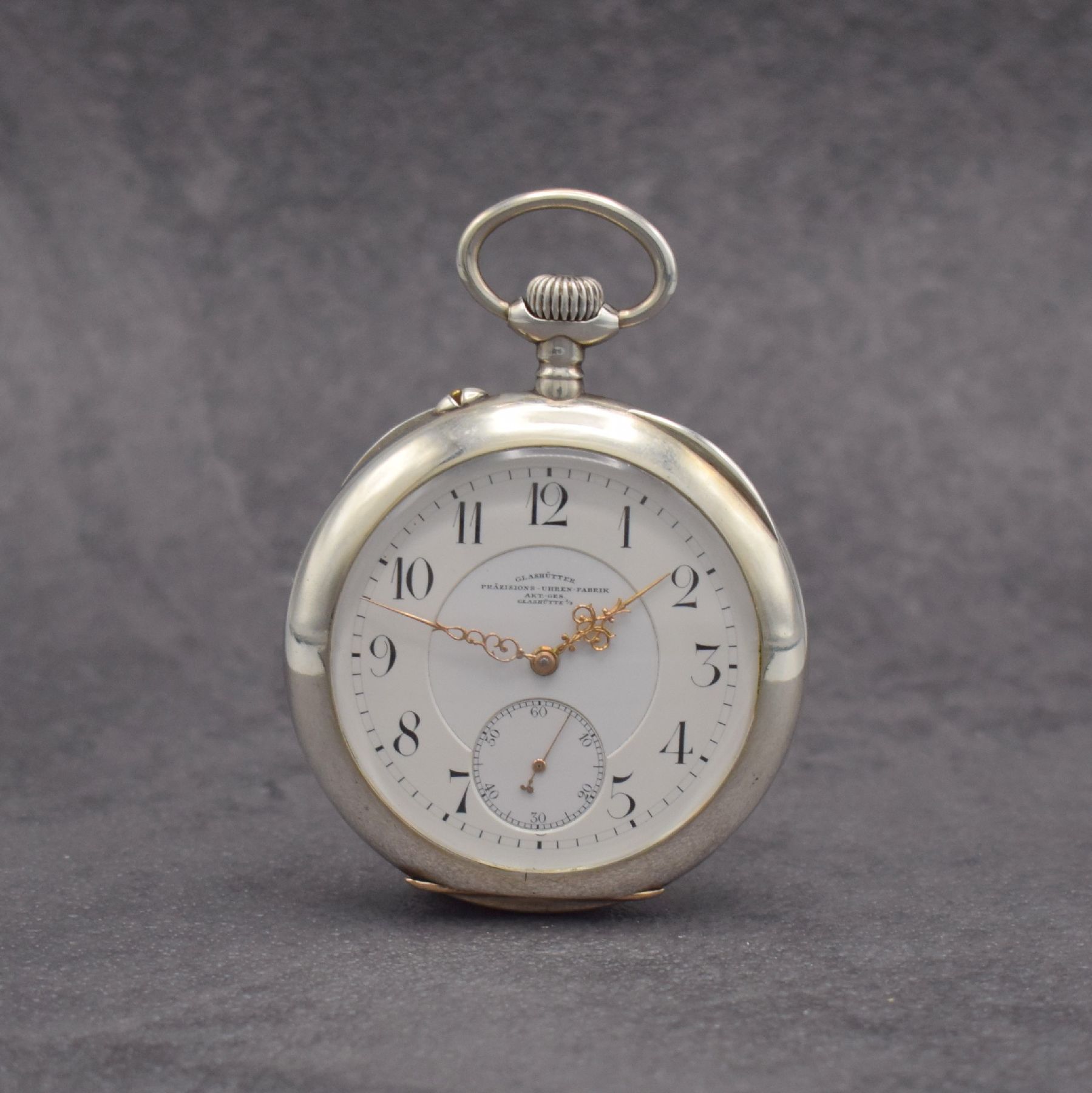 GLASHÜTTER PRÄZISIONS-UHREN-FABRIK Akt.-Ges. Glashütte I/S offene Taschenuhr in Silber, Deutschland um 1900, glattes Geh. l. dell., 3-teil. ...