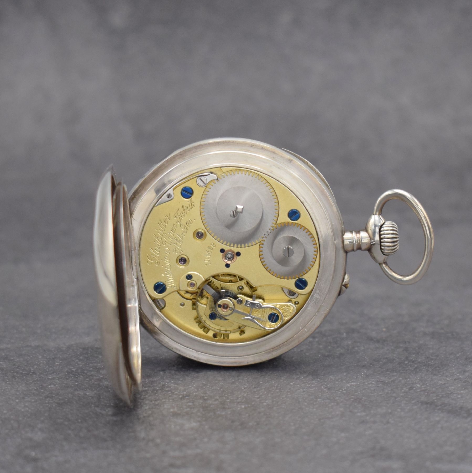 Detail e: GLASHÜTTER PRÄZISIONS-UHREN-FABRIK Akt.-Ges. Glashütte I/S offene Taschenuhr in Silber, Deutschland um 1900, glattes Geh. l. dell., 3-teil. ...