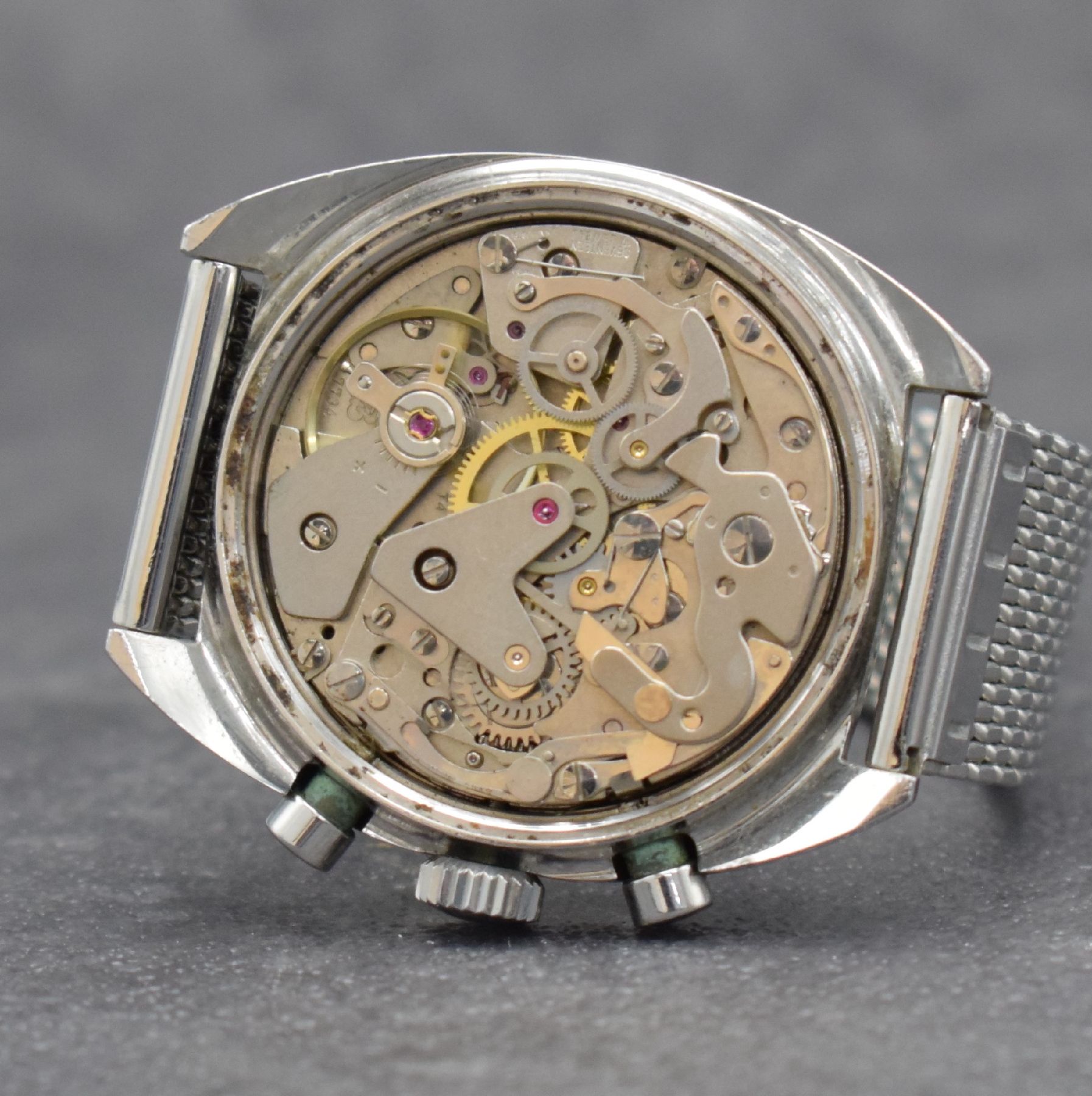 Detail f: ORIOSA Herrenarmbanduhr mit Chronograph, Schweiz um 1970, Handaufzug, massives Edelstahlgeh., Boden verschr., neutr. Stahlband, blaues Zifferbl. m. ...