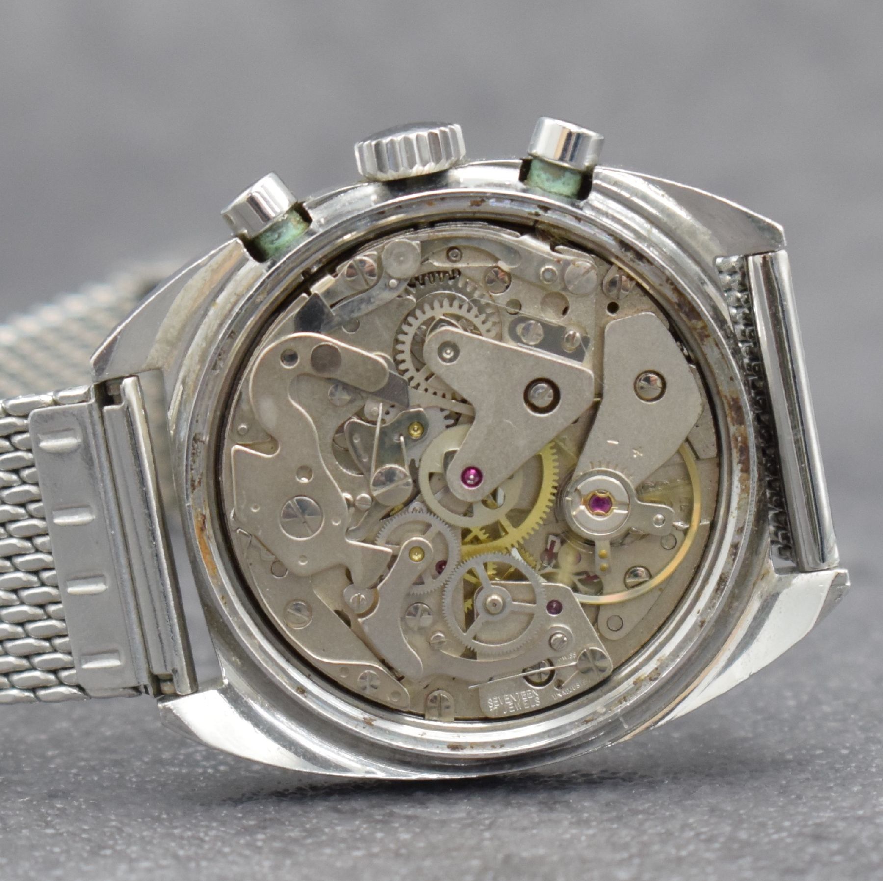 Detail g: ORIOSA Herrenarmbanduhr mit Chronograph, Schweiz um 1970, Handaufzug, massives Edelstahlgeh., Boden verschr., neutr. Stahlband, blaues Zifferbl. m. ...