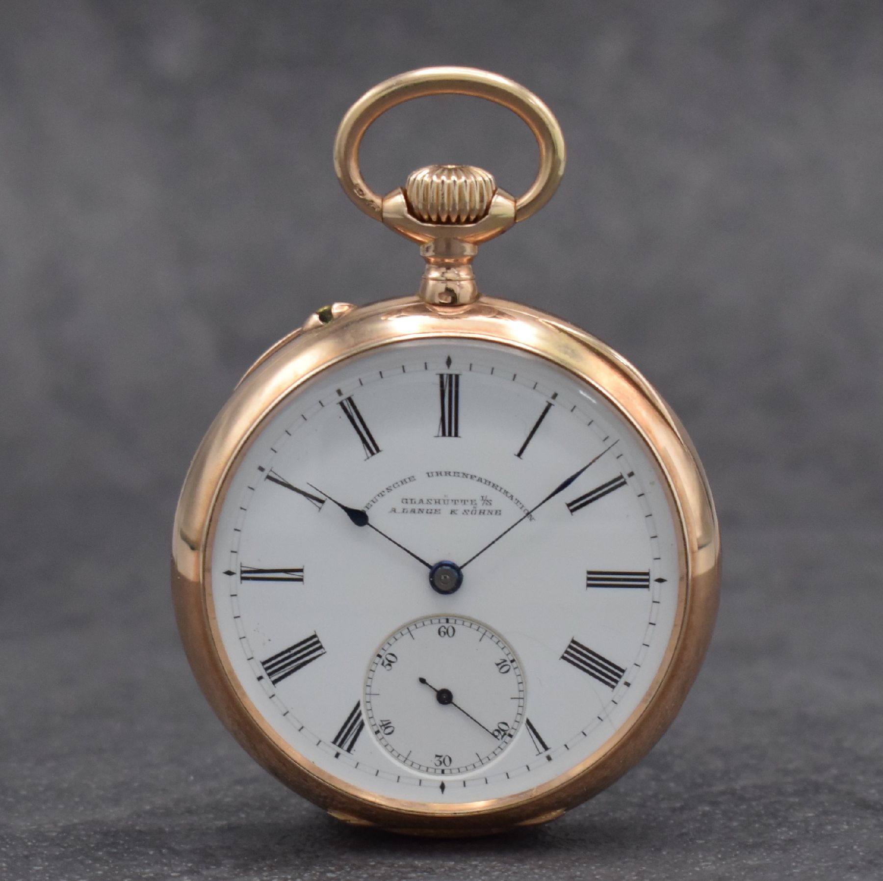 A. LANGE & SÖHNE Deutsche Uhrenfabrikation Glashütte I/S offene Herrentaschenuhr in RoseG 585/000, Deutschland um 1900, 2-Deckel Goldgeh. l. dell., ...