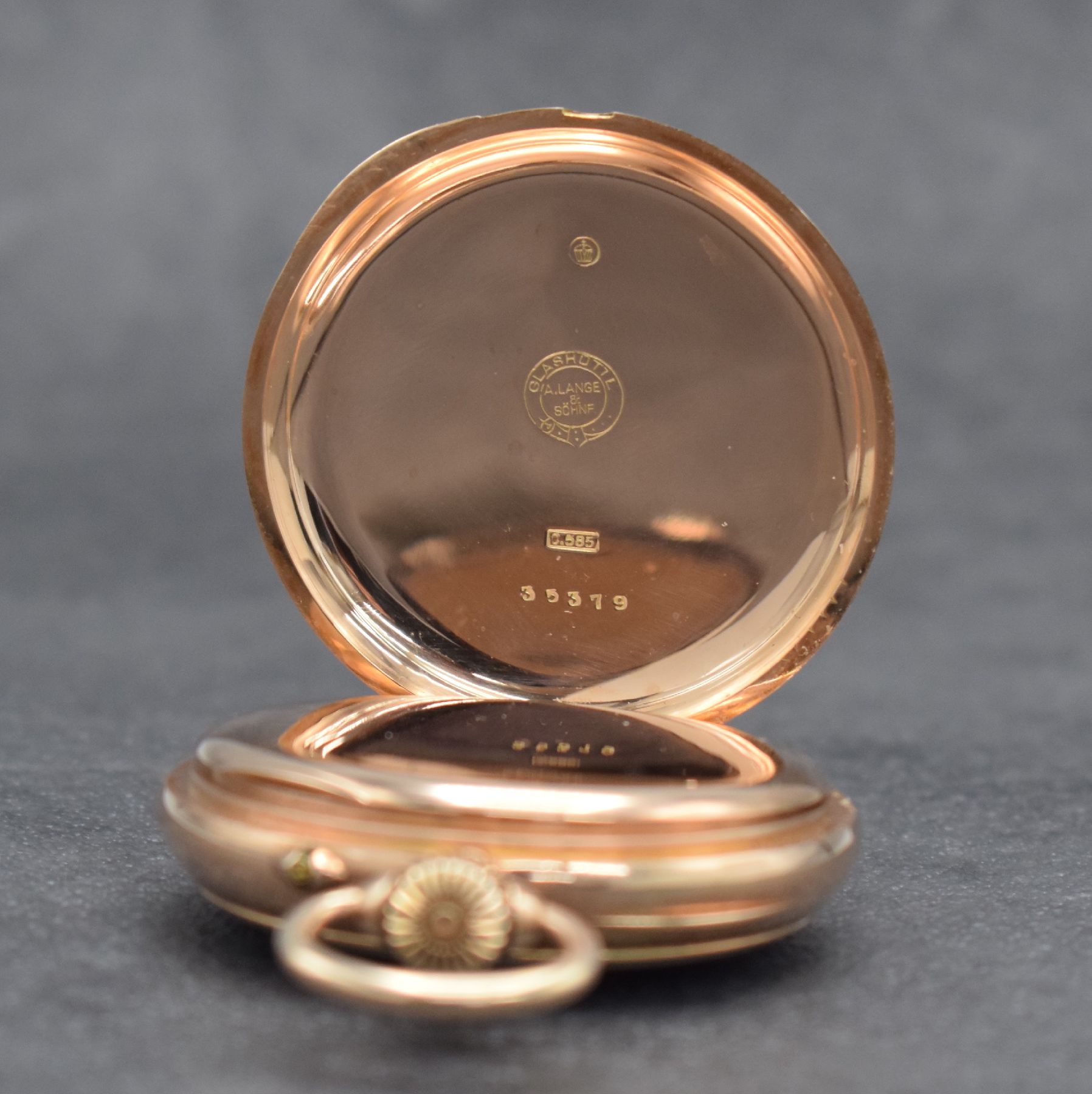 Detail e: A. LANGE & SÖHNE Deutsche Uhrenfabrikation Glashütte I/S offene Herrentaschenuhr in RoseG 585/000, Deutschland um 1900, 2-Deckel Goldgeh. l. dell., ...