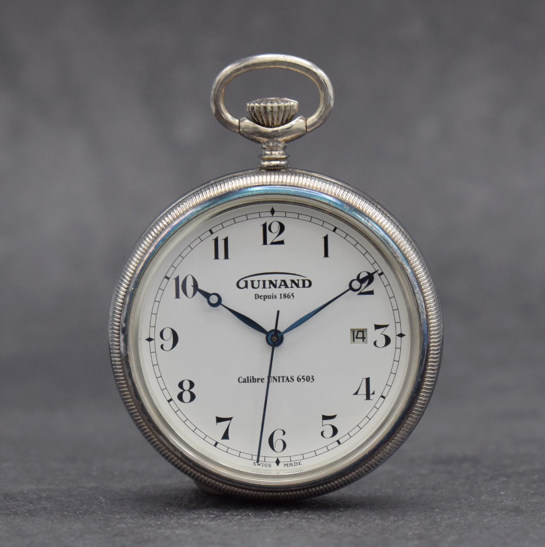 GUINAND offene Sterlingsilber Taschenuhr, Schweiz um 2014, 3-teil. Geh., beids. vergl., Boden verschr., emailfarb. Zifferbl. m. arab. Std., gebl. ...