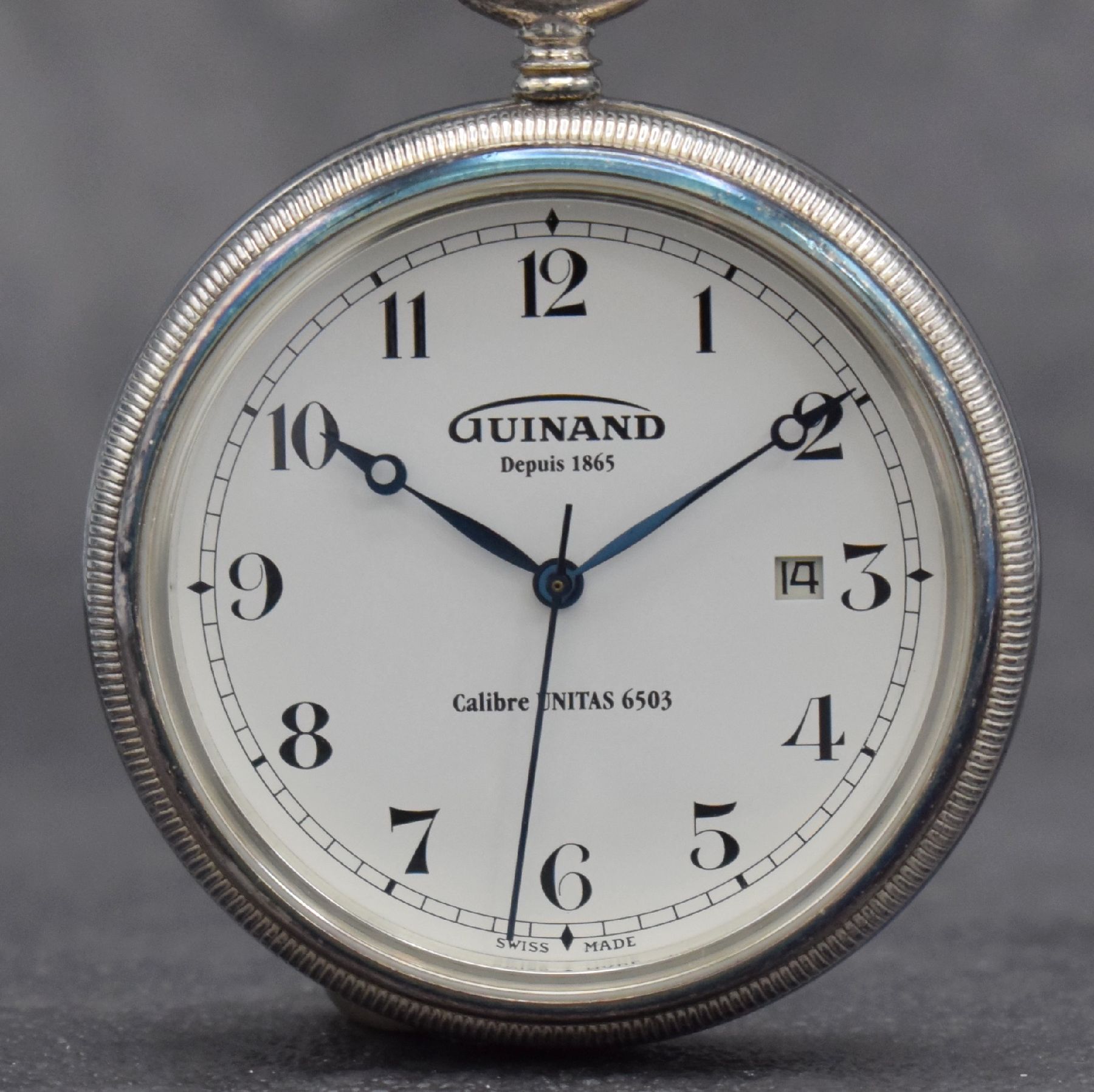 Detail a: GUINAND offene Sterlingsilber Taschenuhr, Schweiz um 2014, 3-teil. Geh., beids. vergl., Boden verschr., emailfarb. Zifferbl. m. arab. Std., gebl. ...