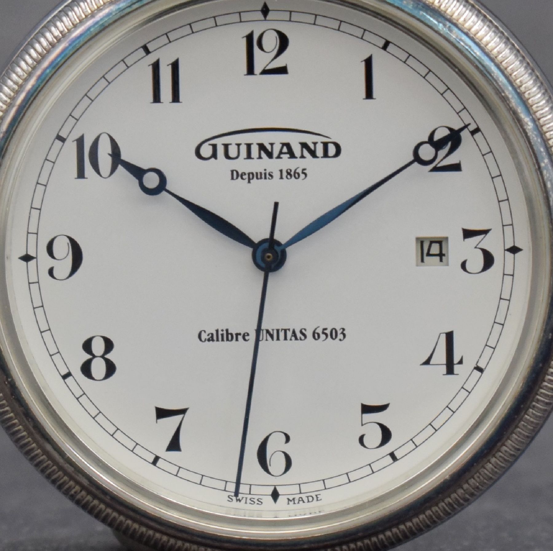 Detail b: GUINAND offene Sterlingsilber Taschenuhr, Schweiz um 2014, 3-teil. Geh., beids. vergl., Boden verschr., emailfarb. Zifferbl. m. arab. Std., gebl. ...