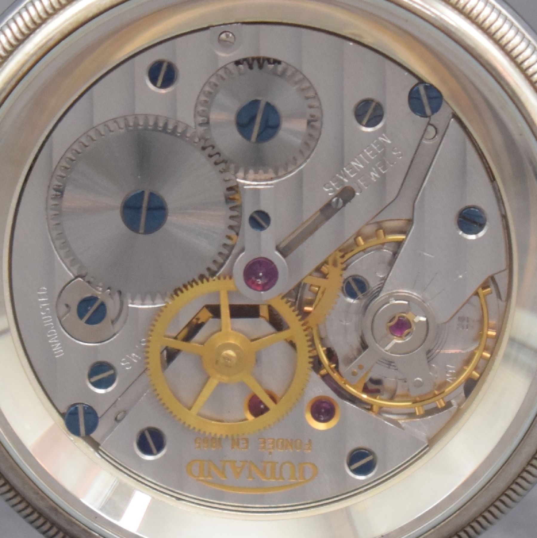Detail c: GUINAND offene Sterlingsilber Taschenuhr, Schweiz um 2014, 3-teil. Geh., beids. vergl., Boden verschr., emailfarb. Zifferbl. m. arab. Std., gebl. ...