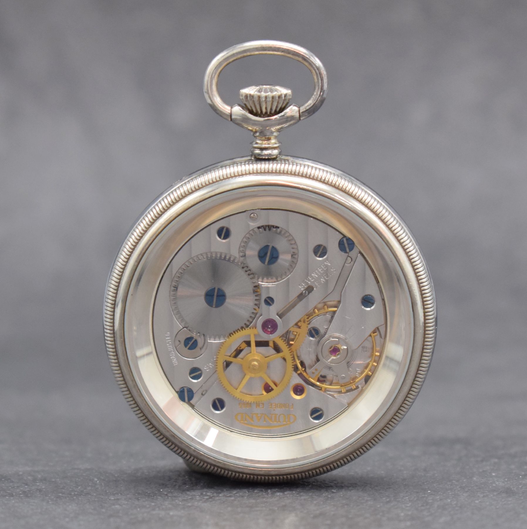 Detail d: GUINAND offene Sterlingsilber Taschenuhr, Schweiz um 2014, 3-teil. Geh., beids. vergl., Boden verschr., emailfarb. Zifferbl. m. arab. Std., gebl. ...