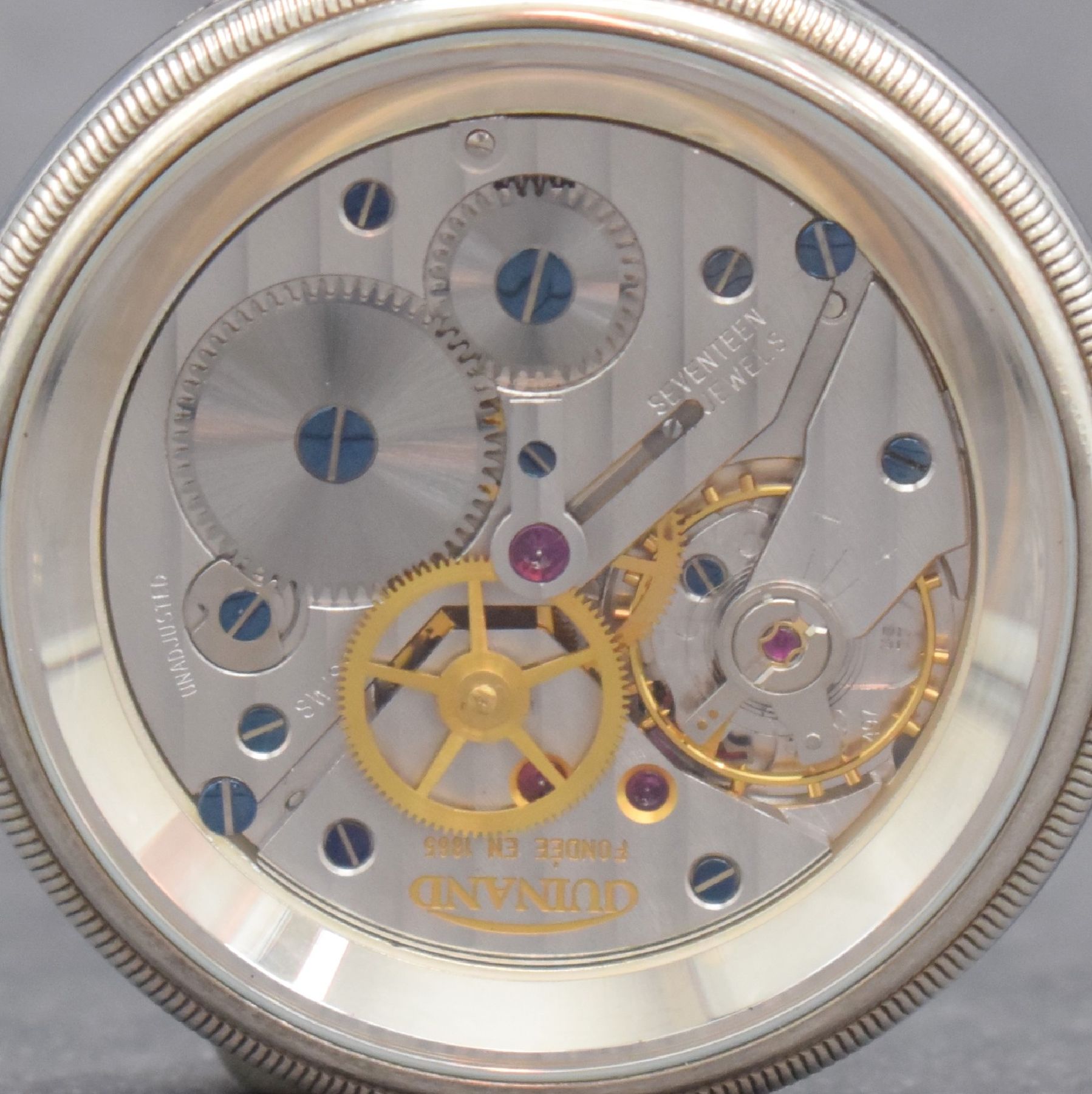 Detail e: GUINAND offene Sterlingsilber Taschenuhr, Schweiz um 2014, 3-teil. Geh., beids. vergl., Boden verschr., emailfarb. Zifferbl. m. arab. Std., gebl. ...