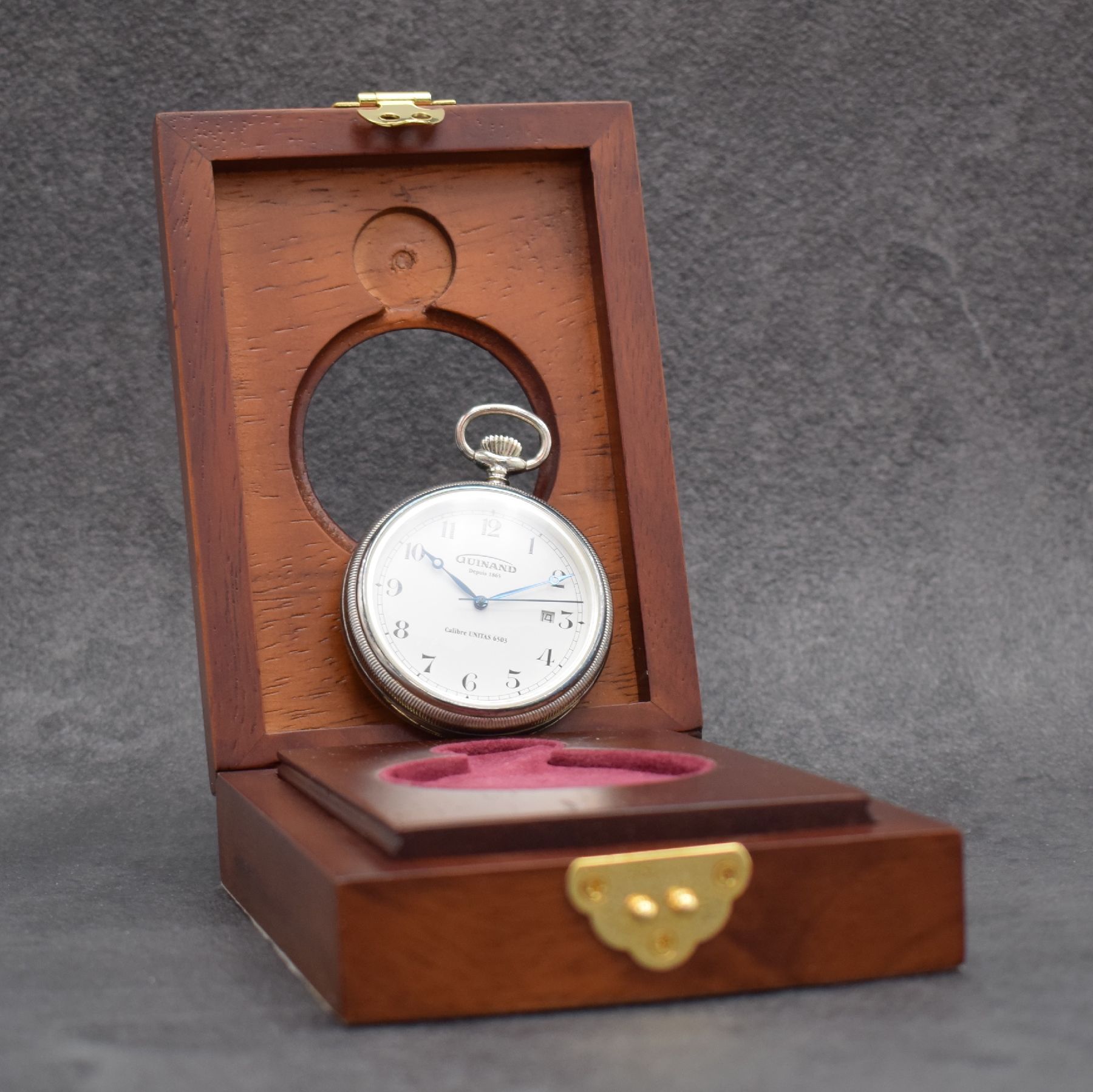 Detail i: GUINAND offene Sterlingsilber Taschenuhr, Schweiz um 2014, 3-teil. Geh., beids. vergl., Boden verschr., emailfarb. Zifferbl. m. arab. Std., gebl. ...