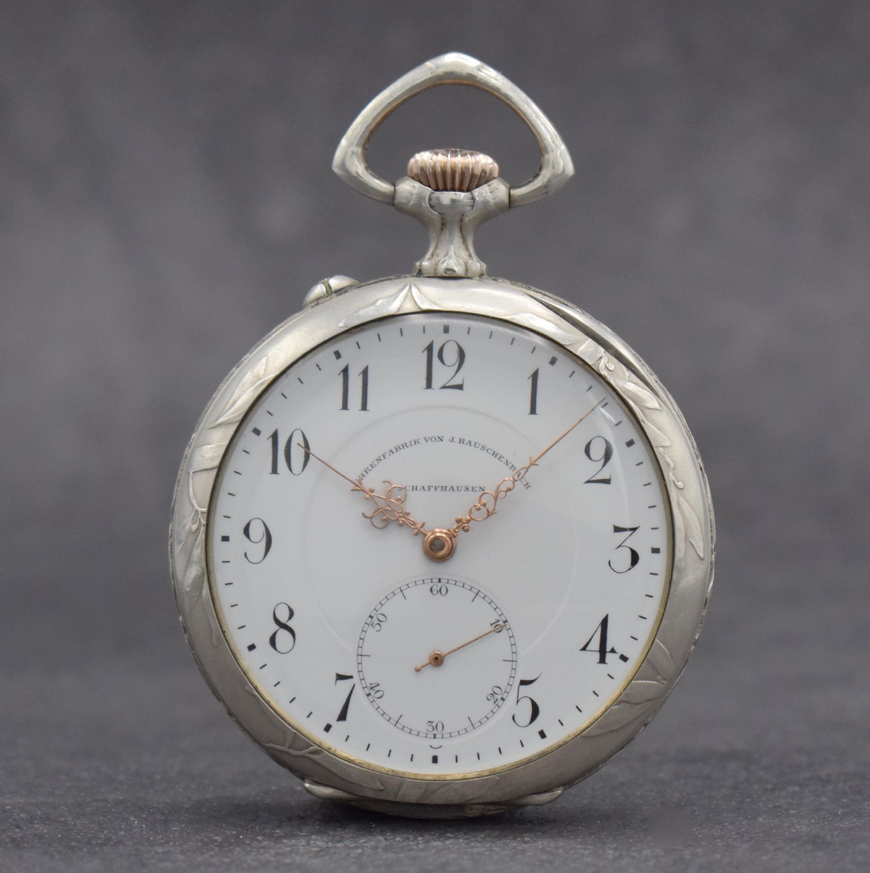 IWC / Uhrenfabrik von J. Rauschenbach offene Schützenuhr in Silber mit original Etui & Garantieschein, Schweiz um 1912, beids. geprägtes Geh., auf ...