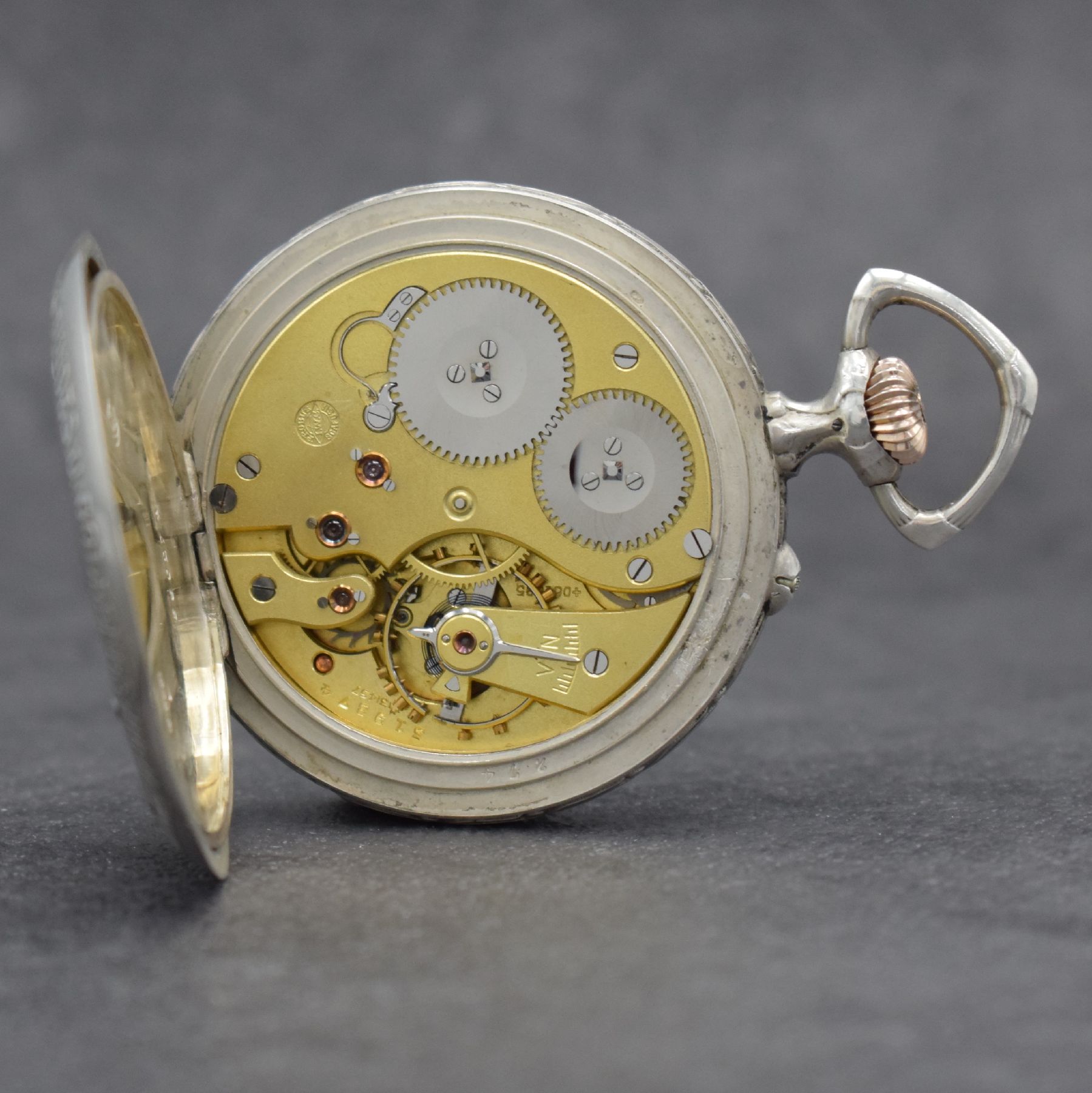 Detail i: IWC / Uhrenfabrik von J. Rauschenbach offene Schützenuhr in Silber mit original Etui & Garantieschein, Schweiz um 1912, beids. geprägtes Geh., auf ...