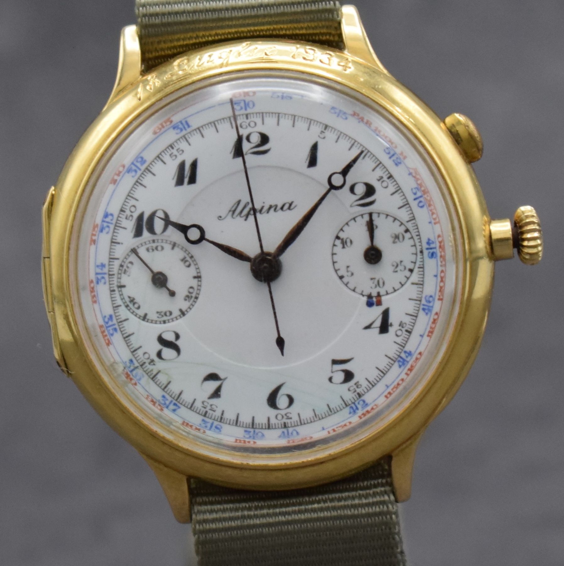 Detail c: ALPINA / Minerva Kal. 16-29 großer Schaltradchronograph in GG 750/000, Schweiz um 1934, Handaufzug, Scharniergeh., Lünette m. Widmungsgravur, ...
