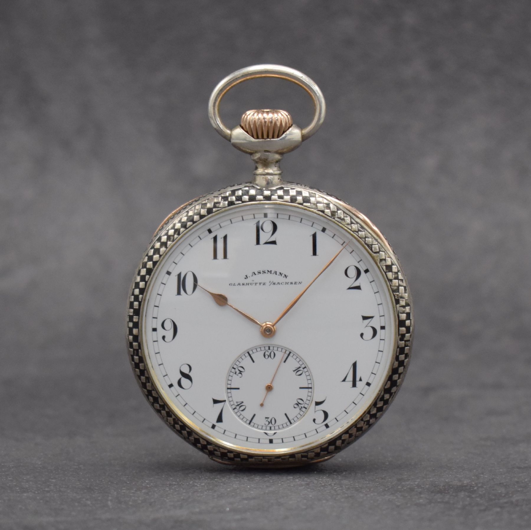Detail a: J. ASSMANN Glashütte offene Herrentaschenuhr Nr. 20414 in 900er Silber mit original Zertifikat, Etui & Überkarton, Deutschland um 1918, Geh. ber., ...