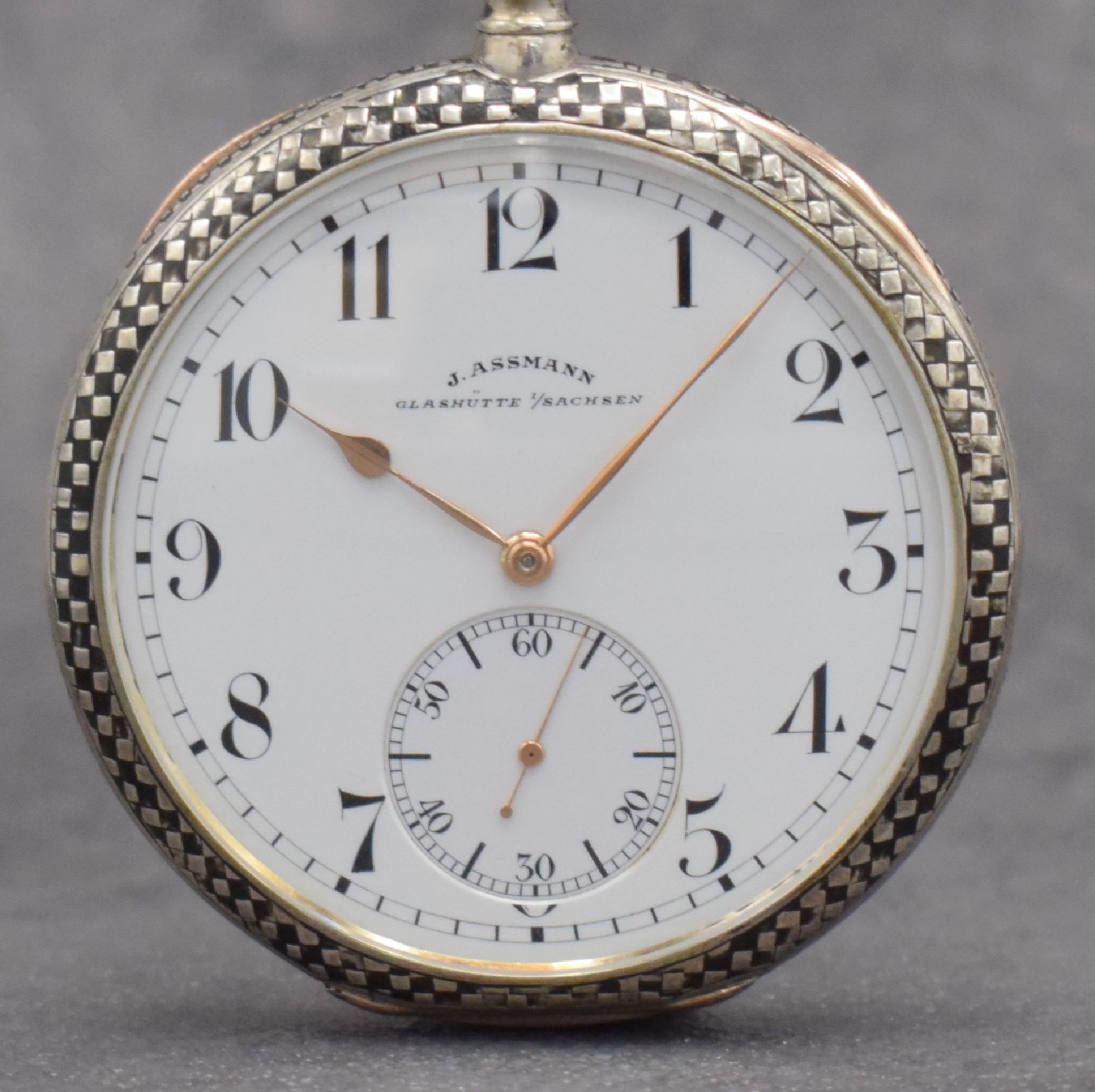 Detail b: J. ASSMANN Glashütte offene Herrentaschenuhr Nr. 20414 in 900er Silber mit original Zertifikat, Etui & Überkarton, Deutschland um 1918, Geh. ber., ...