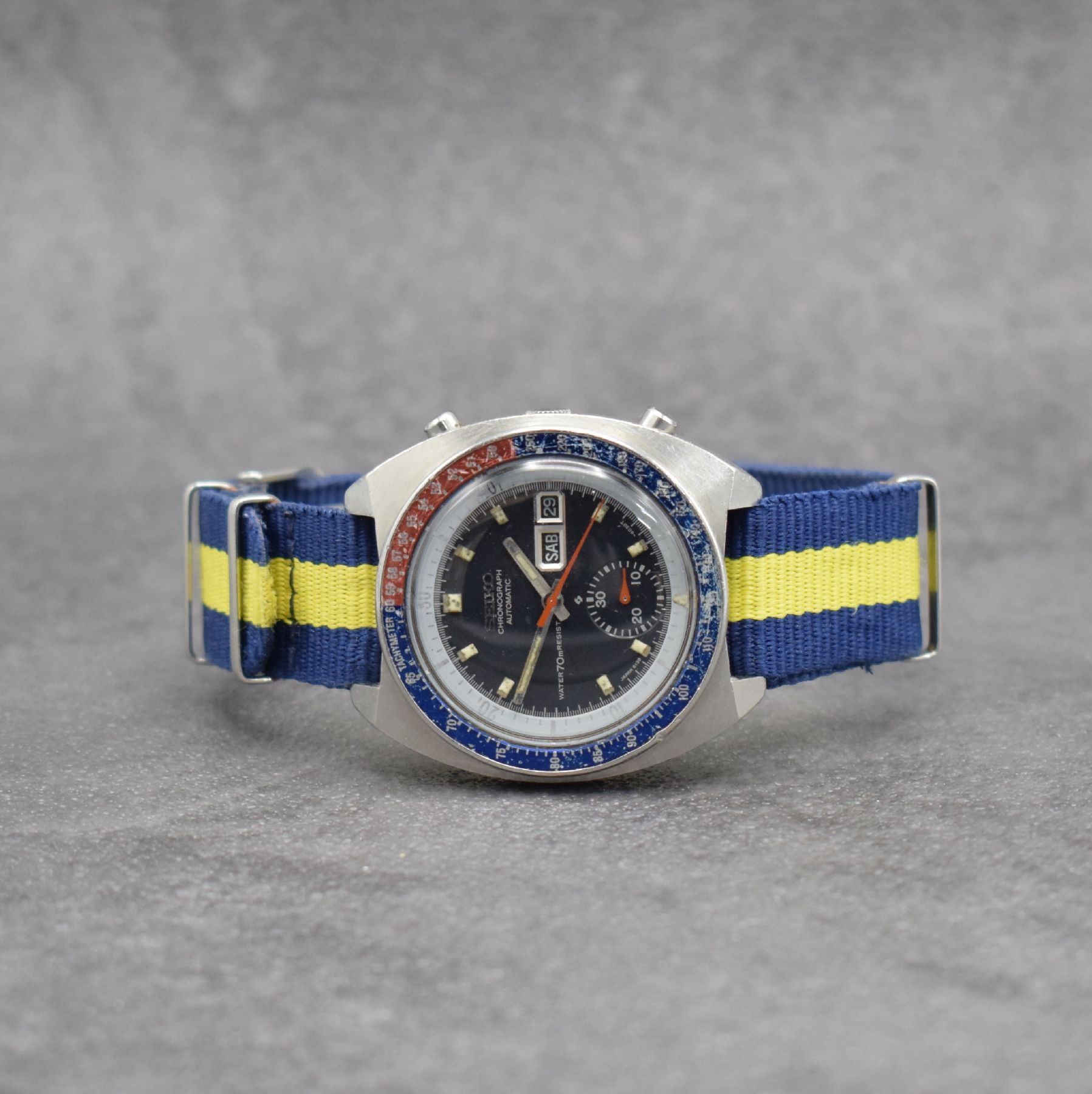 SEIKO sog. POGUE Herrenarmbanduhr mit Schaltradchronograph Referenz 6139-6002, Japan um 1975, Automatik, massives Edelstahlgeh. m. geschr. Boden, ...