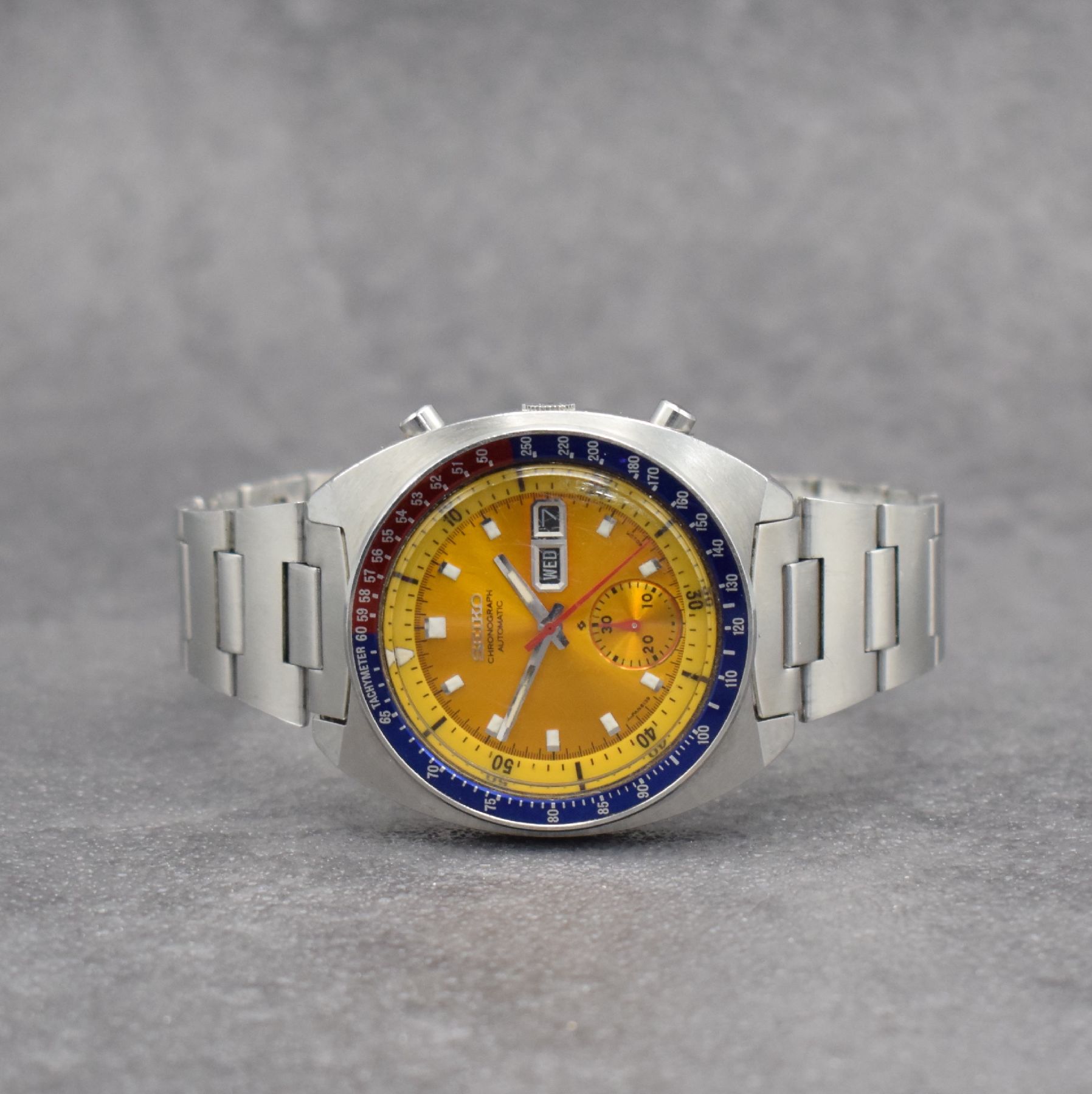 SEIKO sog. POGUE Herrenarmbanduhr mit Schaltradchronograph Referenz 6139-6002, Japan um 1975, Automatik, massives Edelstahlgeh. m. geschr. Boden, ...