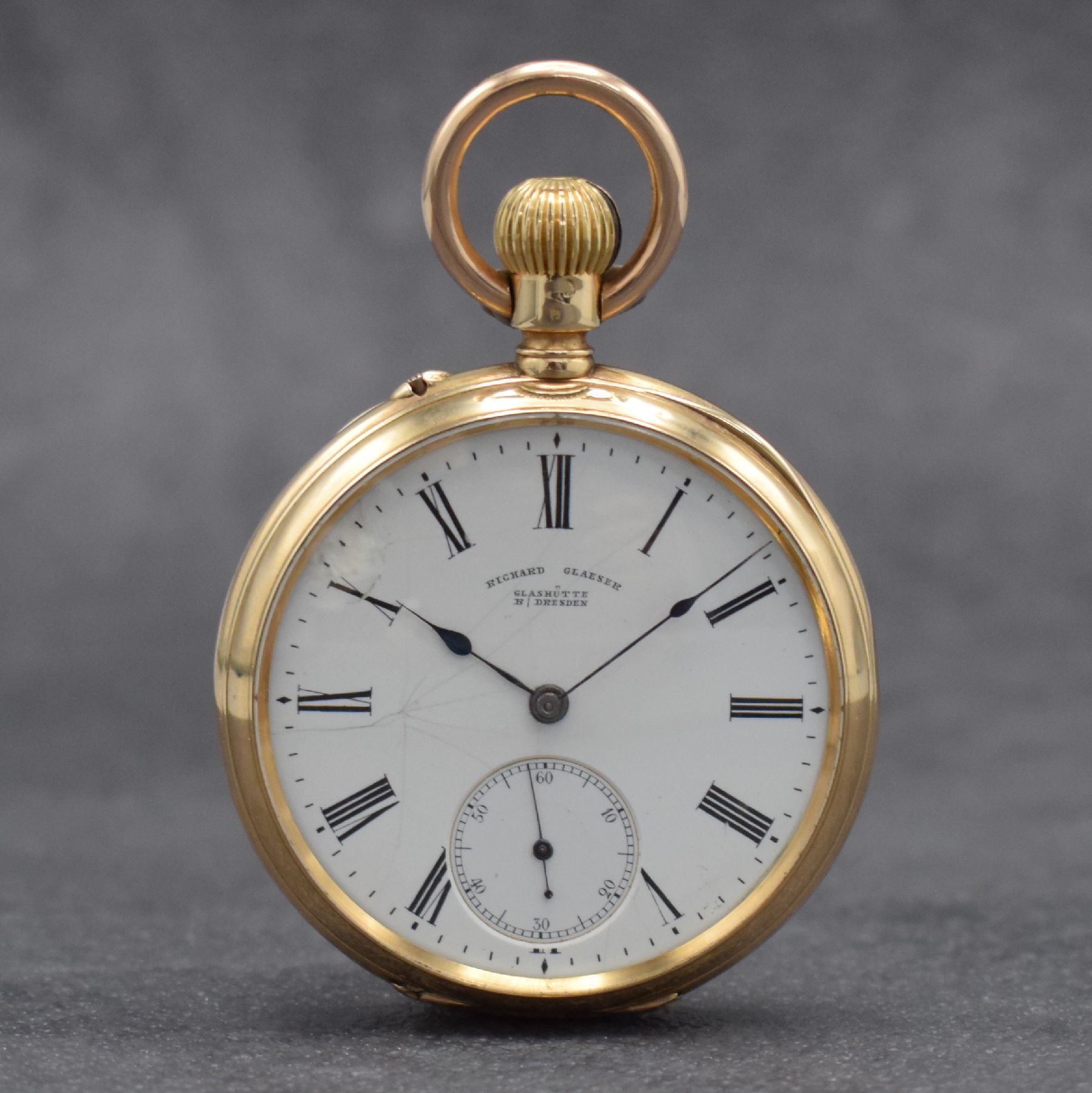 RICHARD GLAESER GLASHÜTTE B / DRESDEN offene Herrentaschenuhr in RoseG 585/000, Werk Deutschland um 1895, Werk-Nr. 8212, Geh.-Nr. 8309, Goldcuv., ...