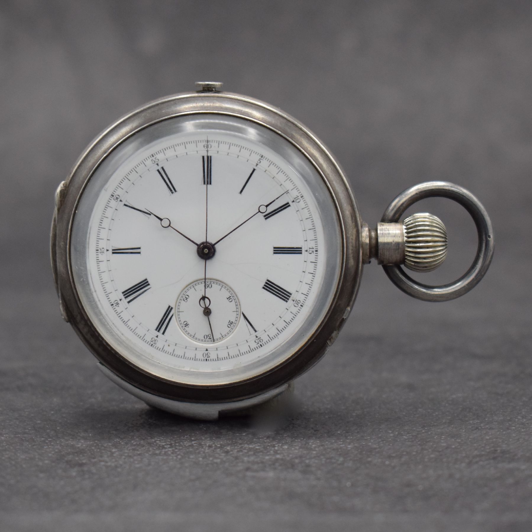 Savonette-Werk mit Minutenrepetition & Chronograph in späterem Gehäuse, Schweiz um 1880, offenes Silbergeh., Rep.-Schieber b. 6, Chrono-Drücker b. ...