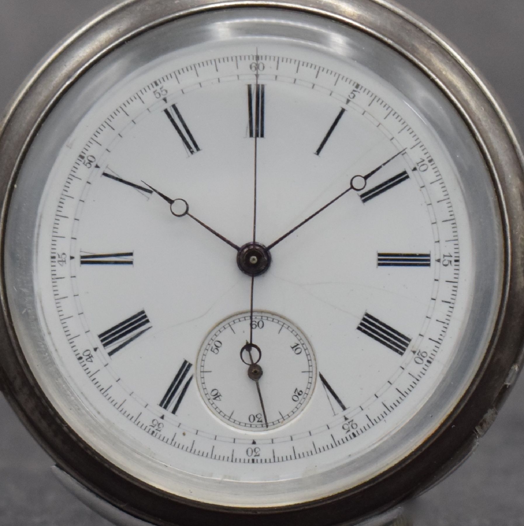Detail a: Savonette-Werk mit Minutenrepetition & Chronograph in späterem Gehäuse, Schweiz um 1880, offenes Silbergeh., Rep.-Schieber b. 6, Chrono-Drücker b. ...