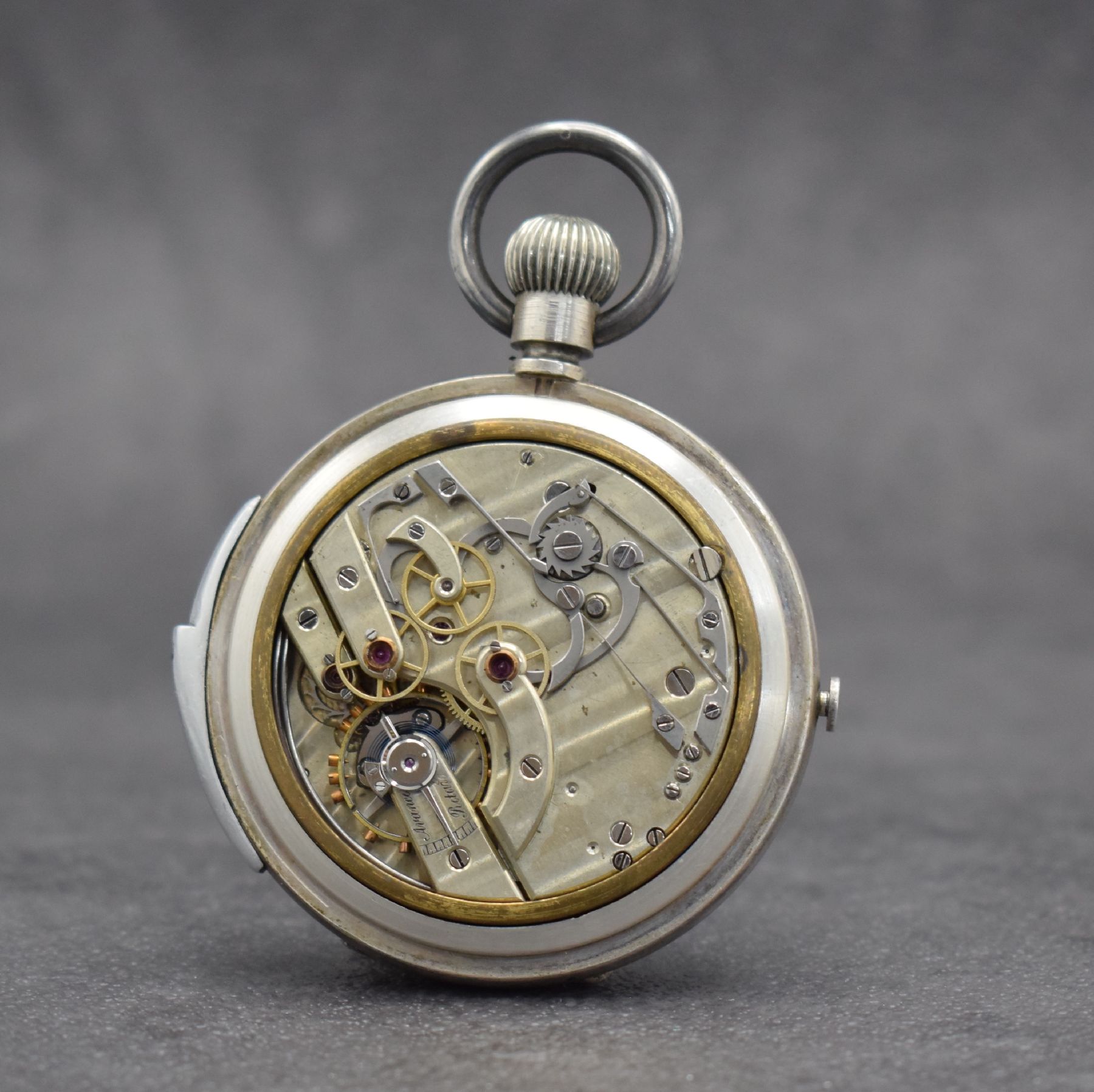 Detail d: Savonette-Werk mit Minutenrepetition & Chronograph in späterem Gehäuse, Schweiz um 1880, offenes Silbergeh., Rep.-Schieber b. 6, Chrono-Drücker b. ...