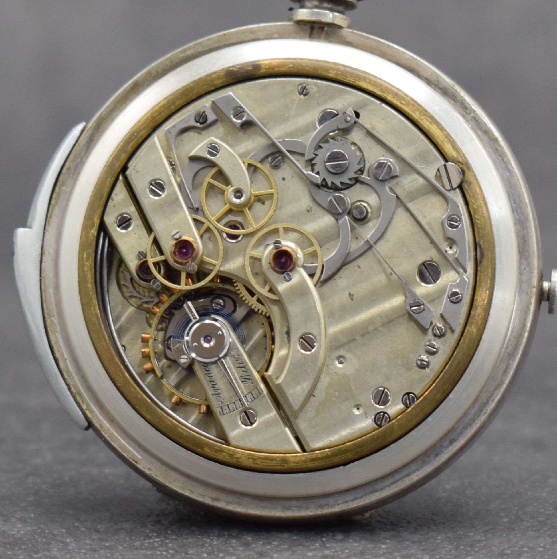Detail e: Savonette-Werk mit Minutenrepetition & Chronograph in späterem Gehäuse, Schweiz um 1880, offenes Silbergeh., Rep.-Schieber b. 6, Chrono-Drücker b. ...