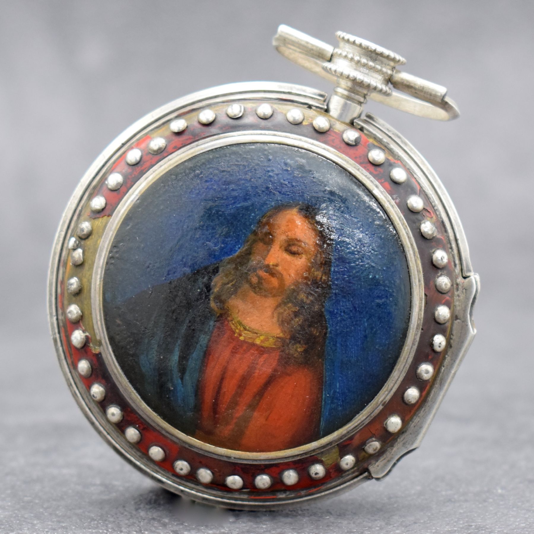 Detail a: Spindeltaschenuhr mit sign. Gehäuse "Müller Augsburg", Deutschland um 1800, doppeltes Silbergehäuse, rücks. m. Jesus Darstellung ...