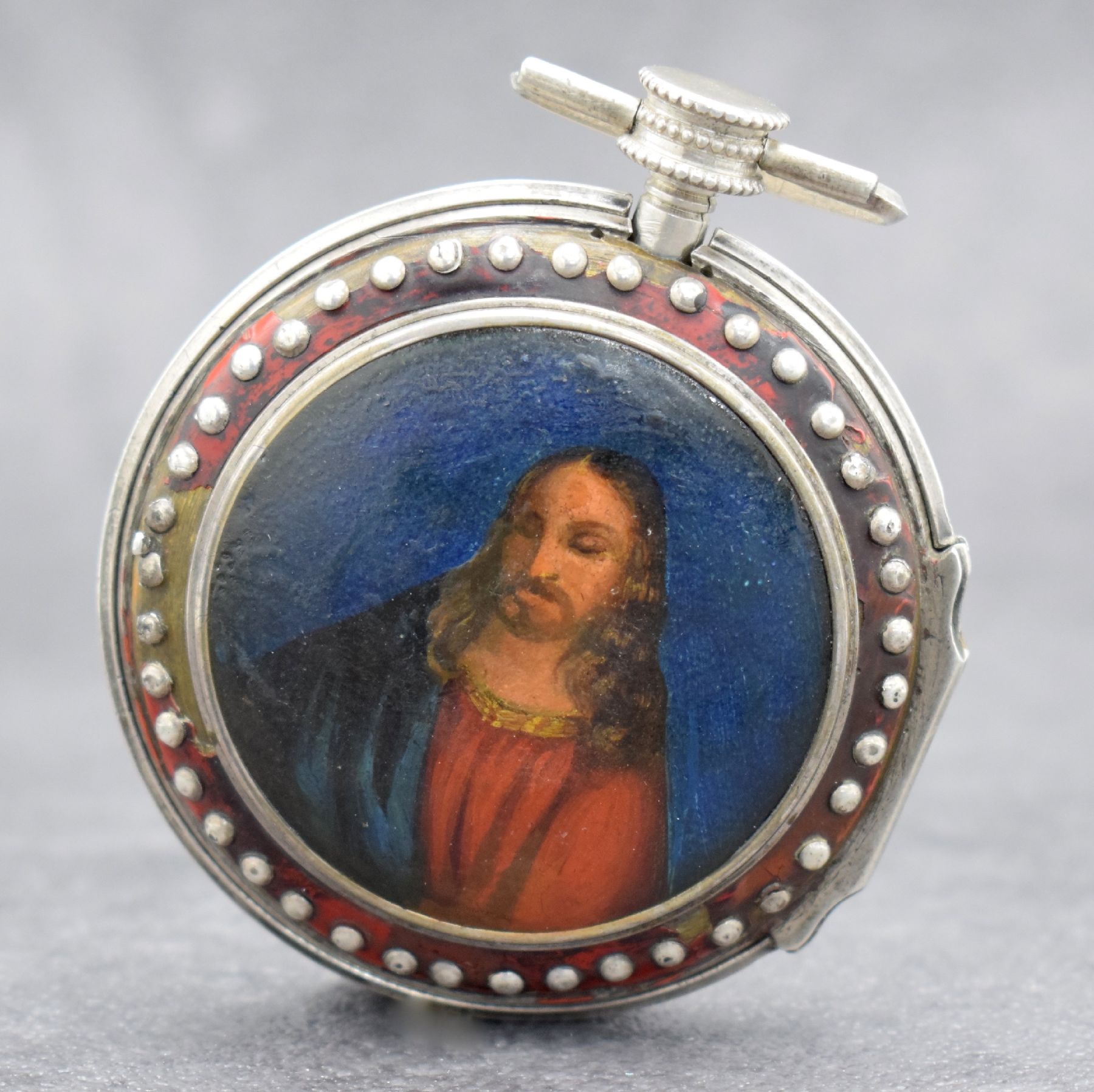 Detail b: Spindeltaschenuhr mit sign. Gehäuse "Müller Augsburg", Deutschland um 1800, doppeltes Silbergehäuse, rücks. m. Jesus Darstellung ...