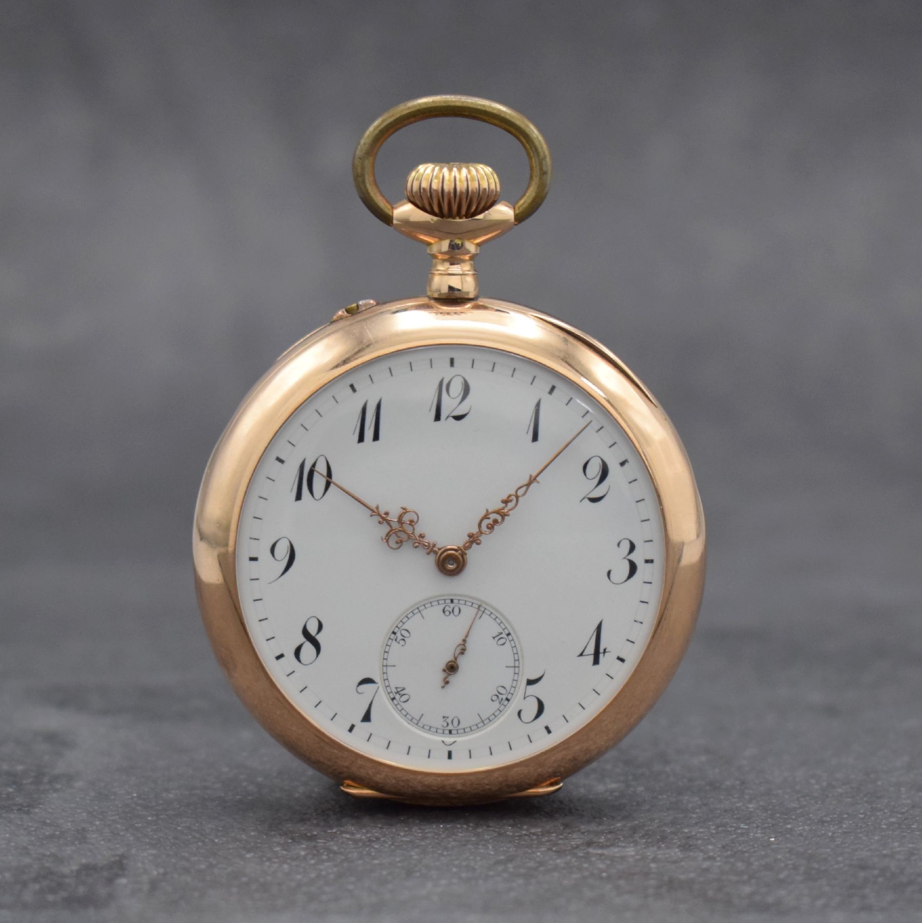 MERMOD FRERES offene Taschenuhr in RG 585/000, Schweiz f. d. deutschen Markt um 1900, 2- Deckel Goldgeh., rücks. m. Monogramm, Cuvette m. ...