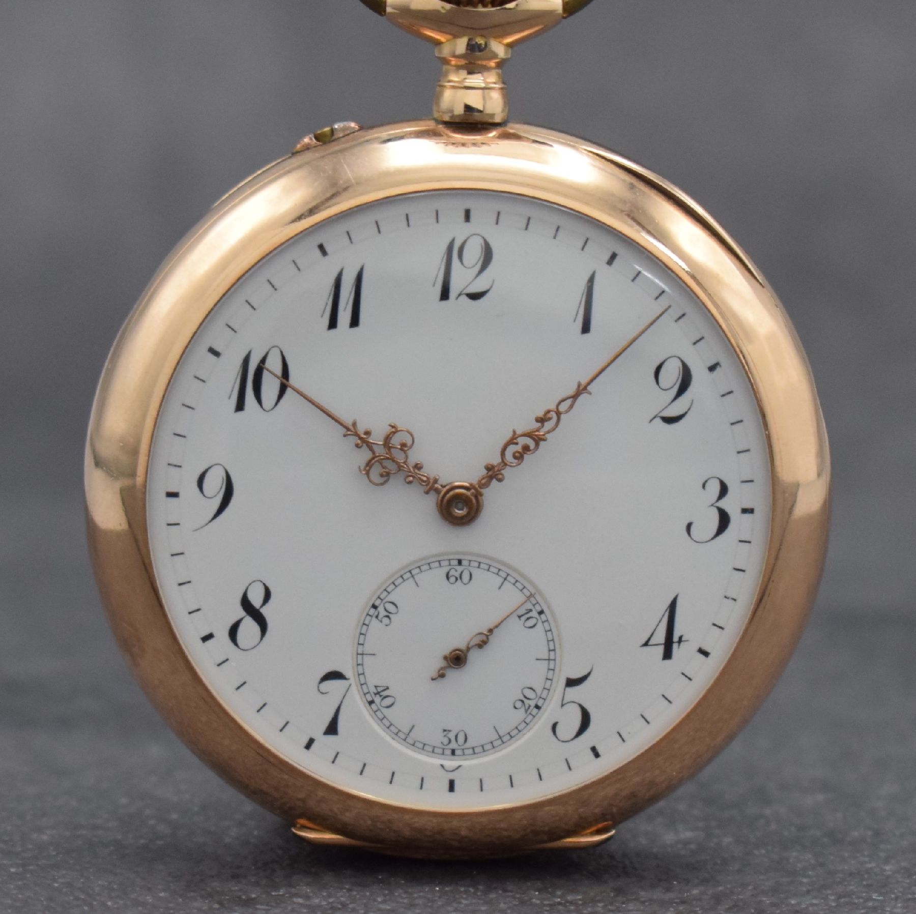 Detail a: MERMOD FRERES offene Taschenuhr in RG 585/000, Schweiz f. d. deutschen Markt um 1900, 2- Deckel Goldgeh., rücks. m. Monogramm, Cuvette m. ...