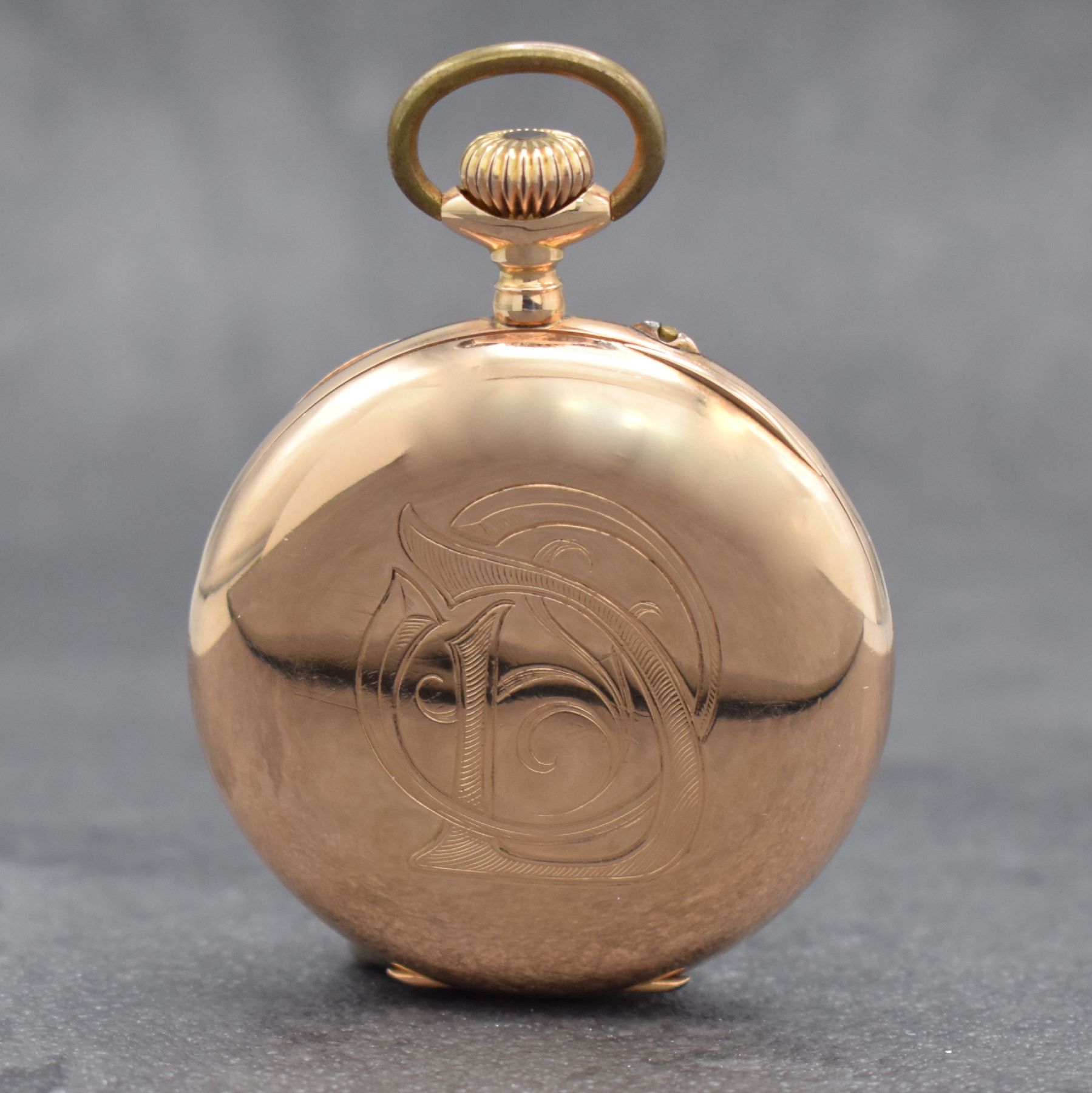 Detail b: MERMOD FRERES offene Taschenuhr in RG 585/000, Schweiz f. d. deutschen Markt um 1900, 2- Deckel Goldgeh., rücks. m. Monogramm, Cuvette m. ...