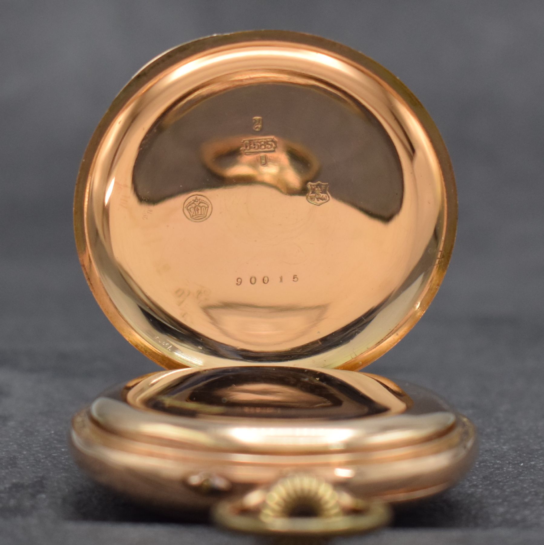 Detail c: MERMOD FRERES offene Taschenuhr in RG 585/000, Schweiz f. d. deutschen Markt um 1900, 2- Deckel Goldgeh., rücks. m. Monogramm, Cuvette m. ...