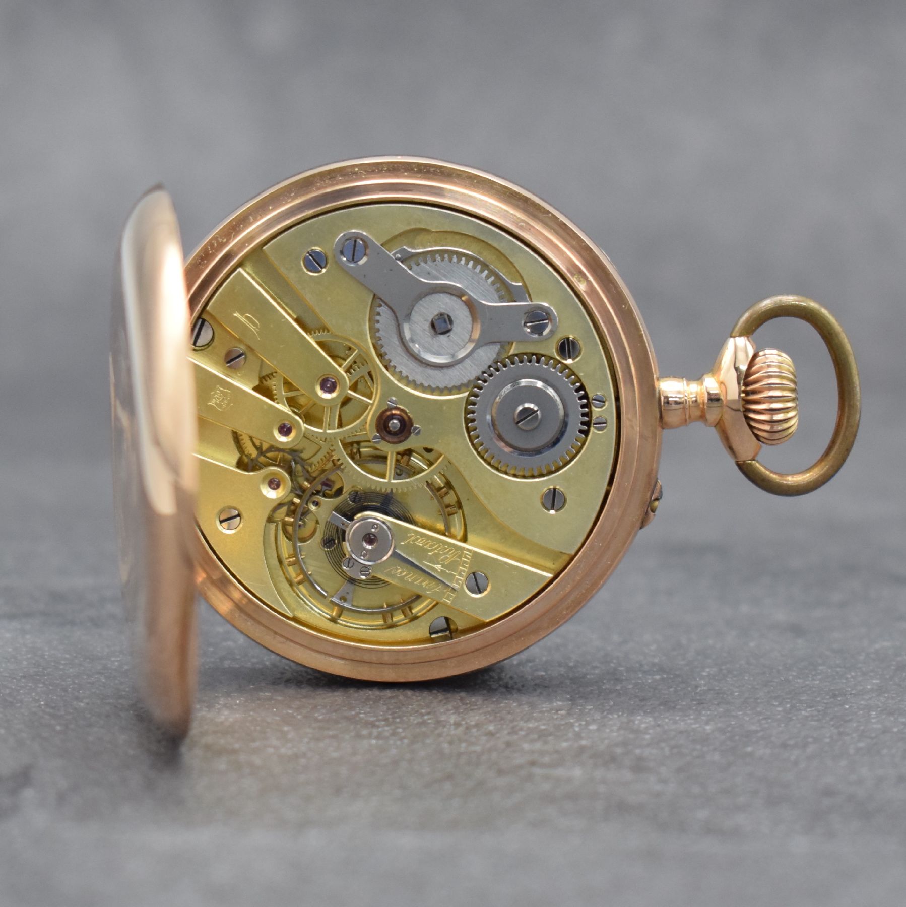 Detail e: MERMOD FRERES offene Taschenuhr in RG 585/000, Schweiz f. d. deutschen Markt um 1900, 2- Deckel Goldgeh., rücks. m. Monogramm, Cuvette m. ...