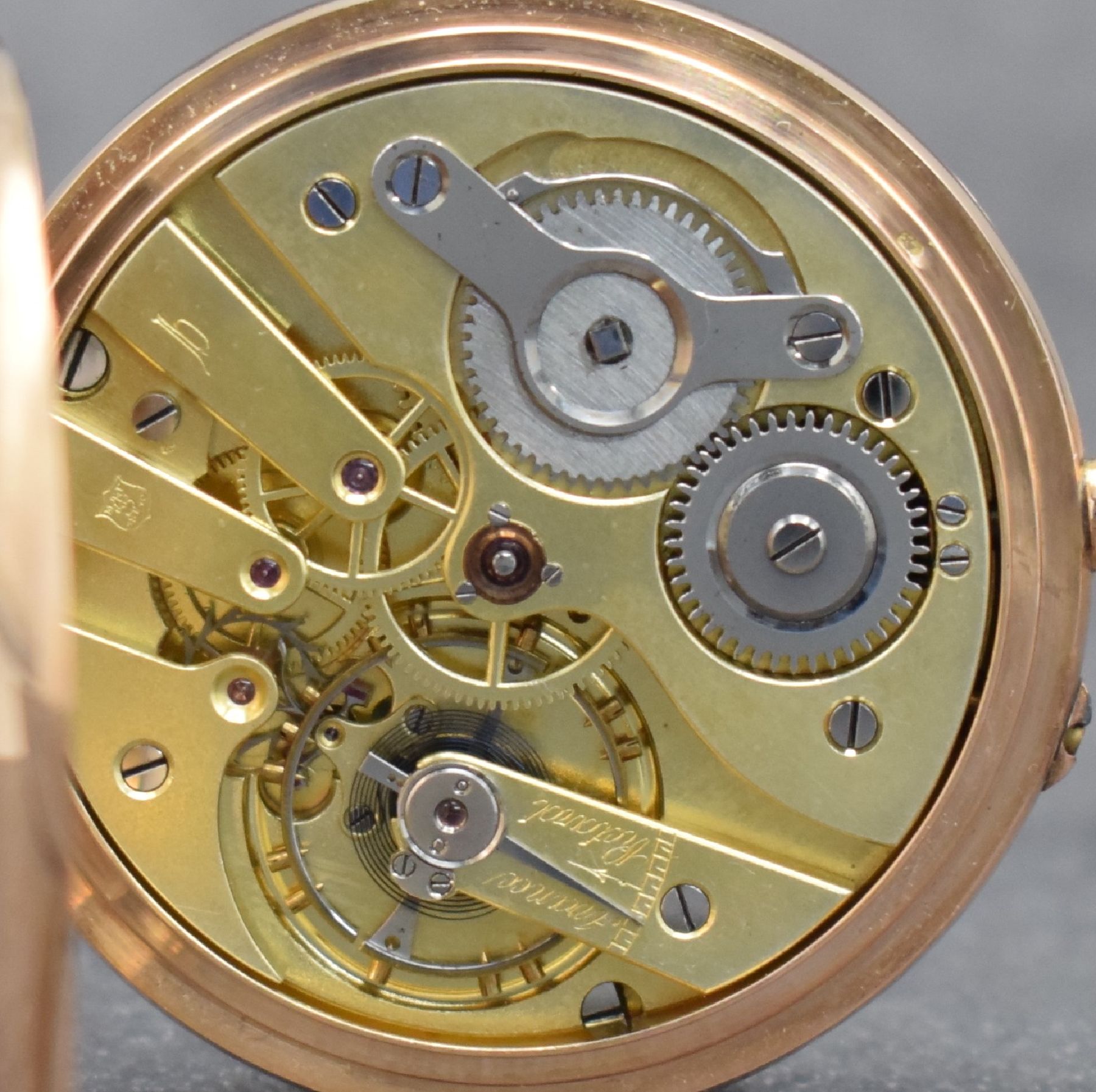 Detail f: MERMOD FRERES offene Taschenuhr in RG 585/000, Schweiz f. d. deutschen Markt um 1900, 2- Deckel Goldgeh., rücks. m. Monogramm, Cuvette m. ...