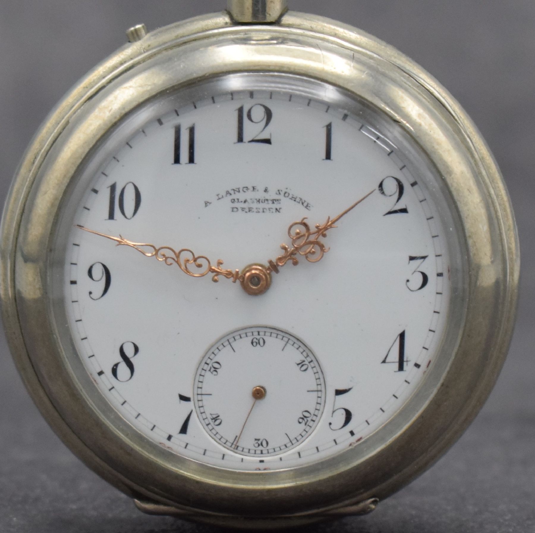 Detail a: A. LANGE & SÖHNE Deutsche Uhrenfabrikation Glashütte Taschenuhrwerk im neutralem Gehäuse, Deutschland um 1900, Nickelgehäuse später, ...