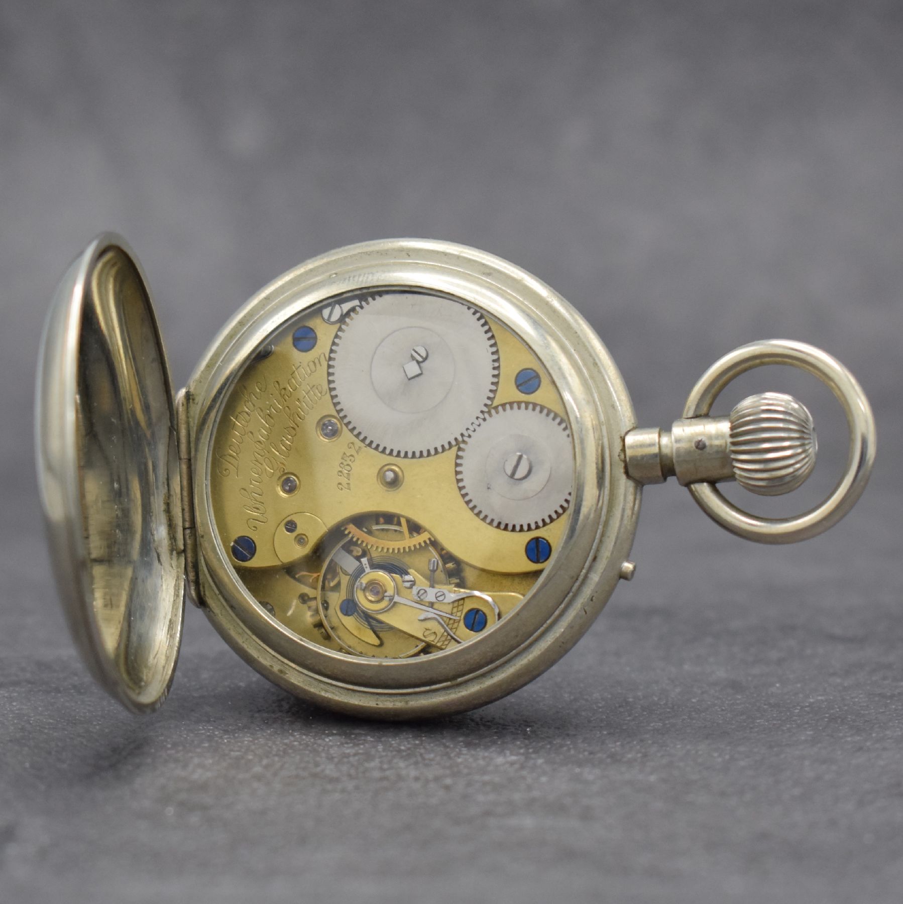 Detail c: A. LANGE & SÖHNE Deutsche Uhrenfabrikation Glashütte Taschenuhrwerk im neutralem Gehäuse, Deutschland um 1900, Nickelgehäuse später, ...