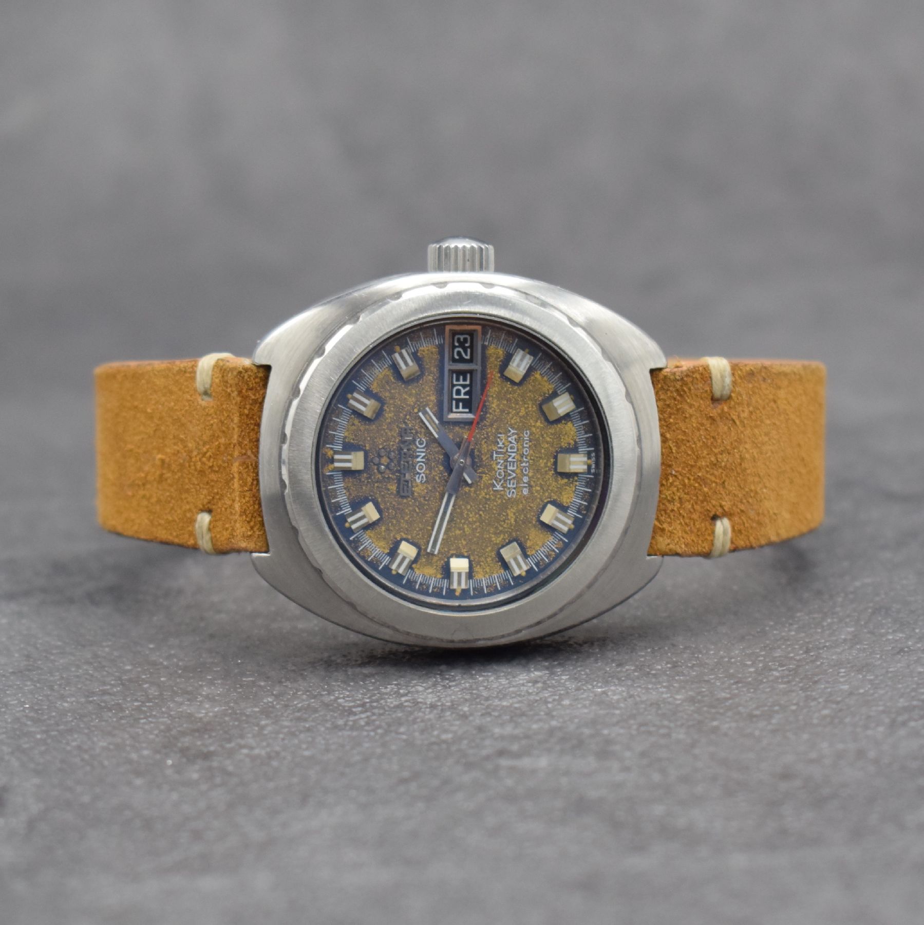 ETERNA SONIC Kontiki SEVENDAY electronic Armbanduhr, Schweiz 1970er Jahre, Ref. 131FTT, massives Edelstahlgeh., Boden m. zentraler Goldplakette & ...
