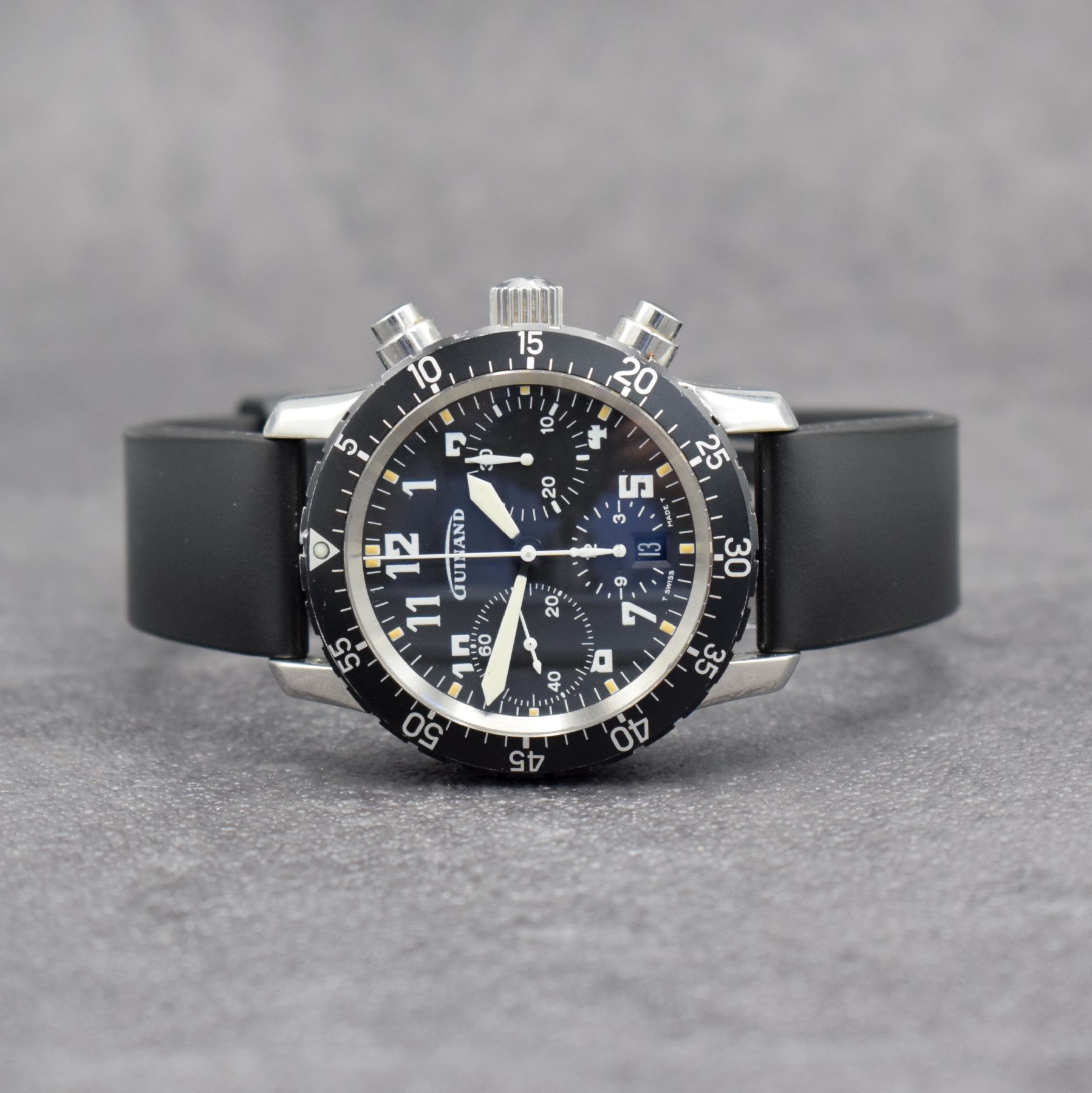 GUINAND / CHRONOSPORT Armbandchronograph, Automatik, Deutschland um 1995, Edelstahlgeh. inkl. neutr. Kautschukband m. orig. Dornschl., Boden & Krone ...