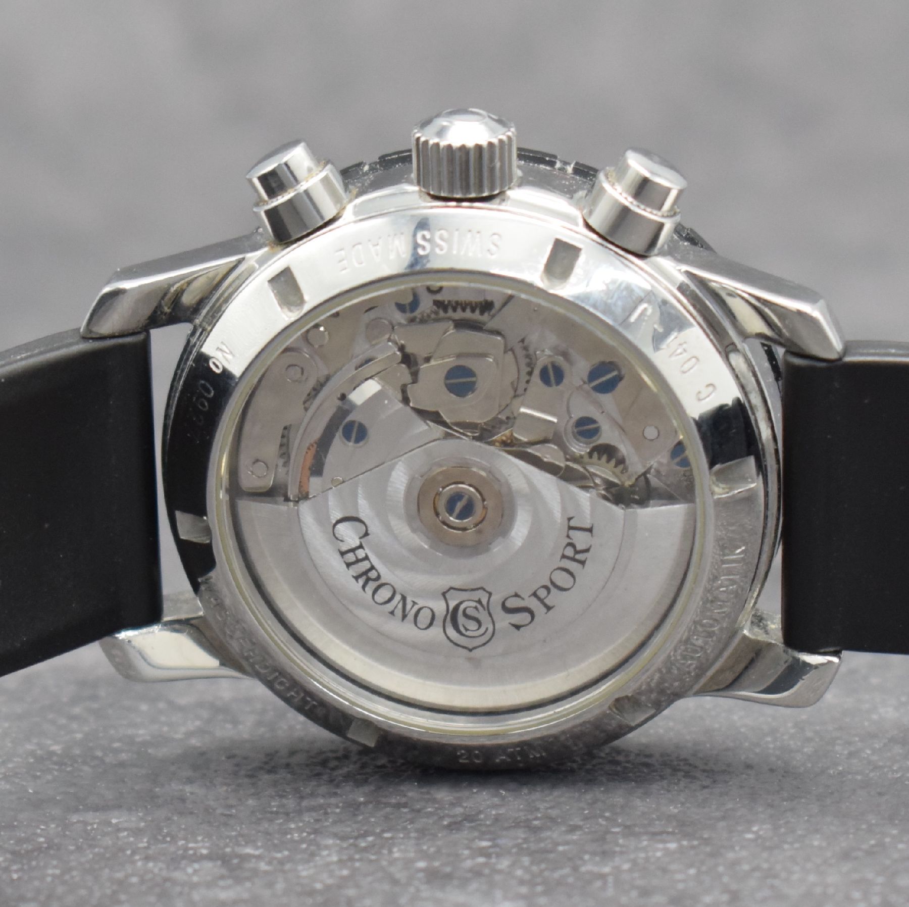 Detail f: GUINAND / CHRONOSPORT Armbandchronograph, Automatik, Deutschland um 1995, Edelstahlgeh. inkl. neutr. Kautschukband m. orig. Dornschl., Boden & Krone ...