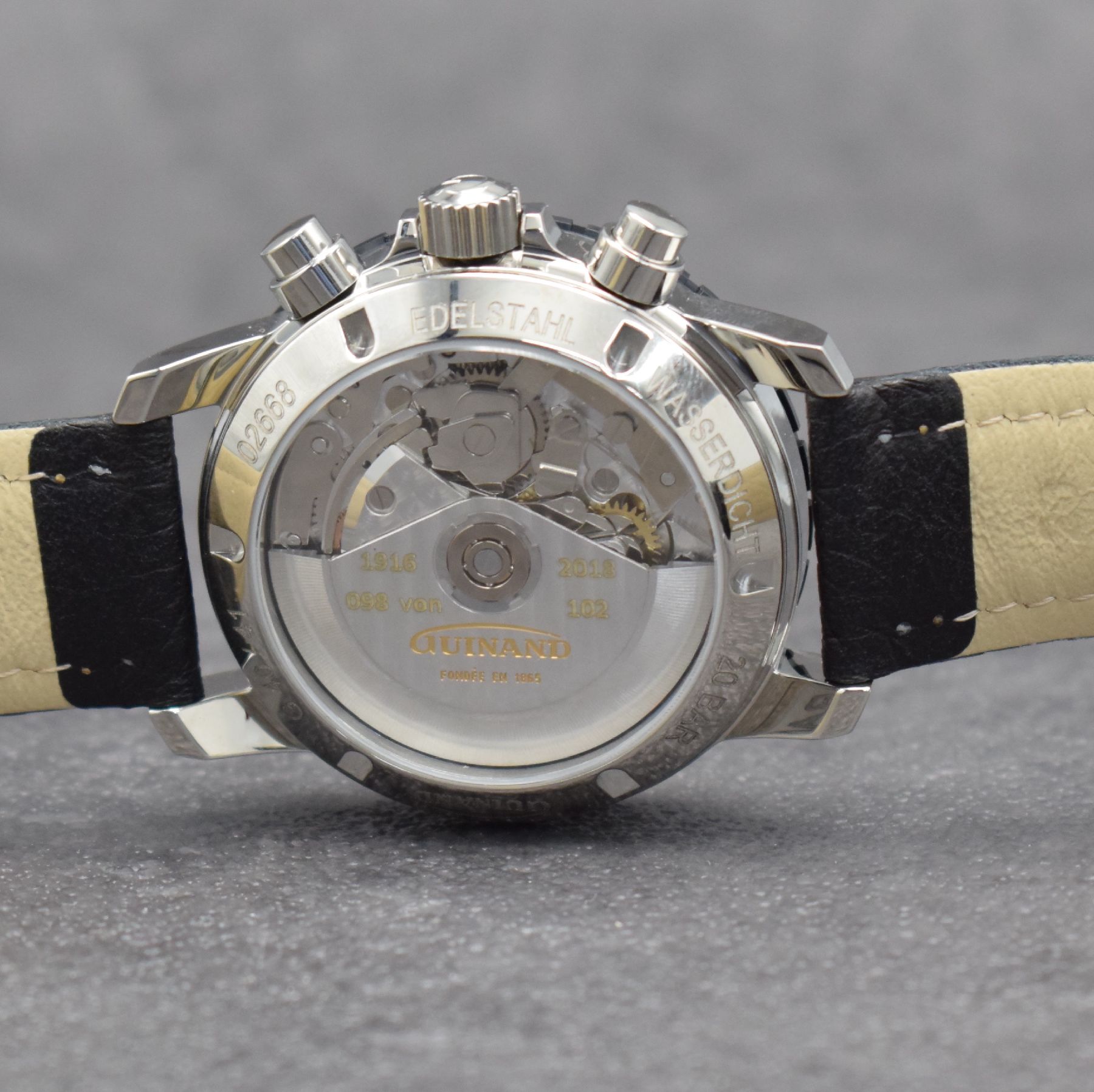 Detail e: GUINAND seltener Armbandchronograph, Automatik, Deutschland um 2018, auf 102 Stück limitiertes Sondermodell in Edelstahl inkl. orig. Lederband m. ...