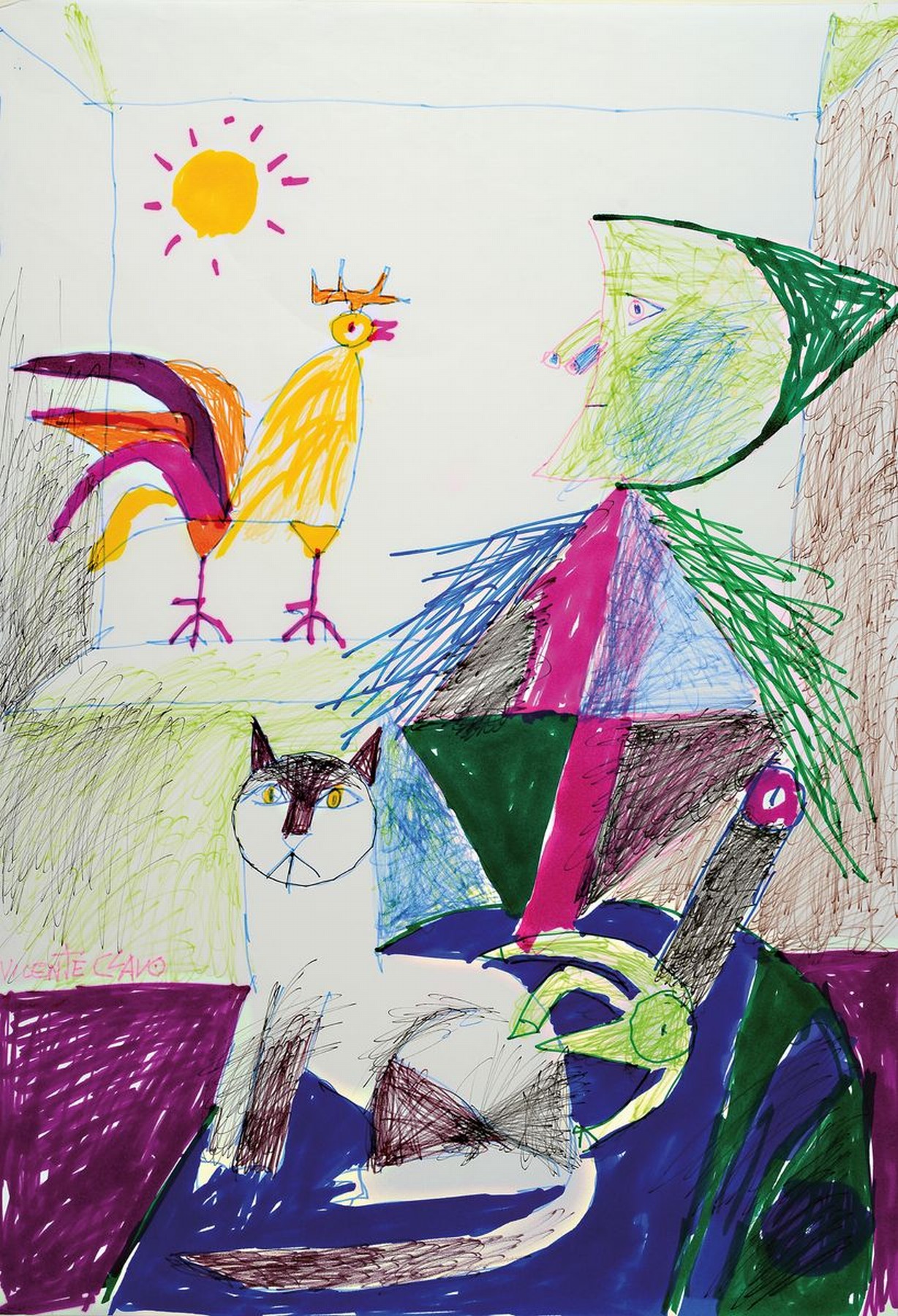 Vincente Clavo Gil, 1923 Madrid-1992, Mischtechnik, Filzstift, Fineliner etc., figürliche Darstellung mit einer abstr. geom. Person, Hahn und Katze, ...