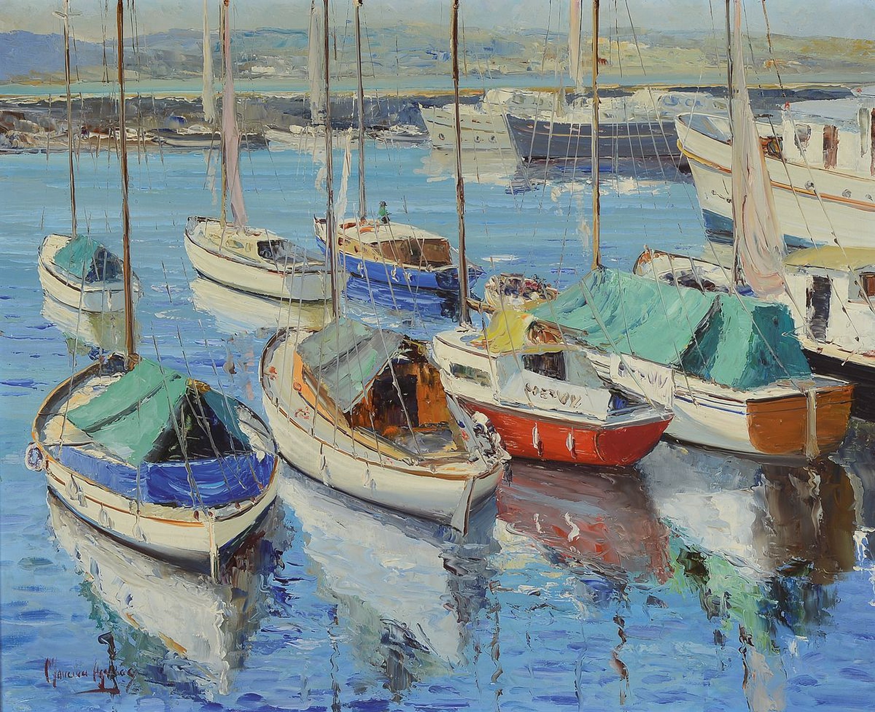 Moreira Aguiar, geb. 1947,, Hafen von Saint Tropez ?, "Sailingboats", Öl/Platte, signiert 55 x 68 cm, Rahmen: 72 x 85 cm