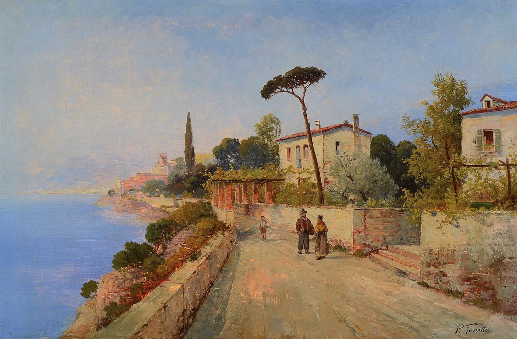 Pietro Toretti, 1888 - 1927 Italien,, italienische Küstenlandschaft mit, einem Paar und einem kleinen Jungen, auf der Uferstraße, Öl/Lwd, ...